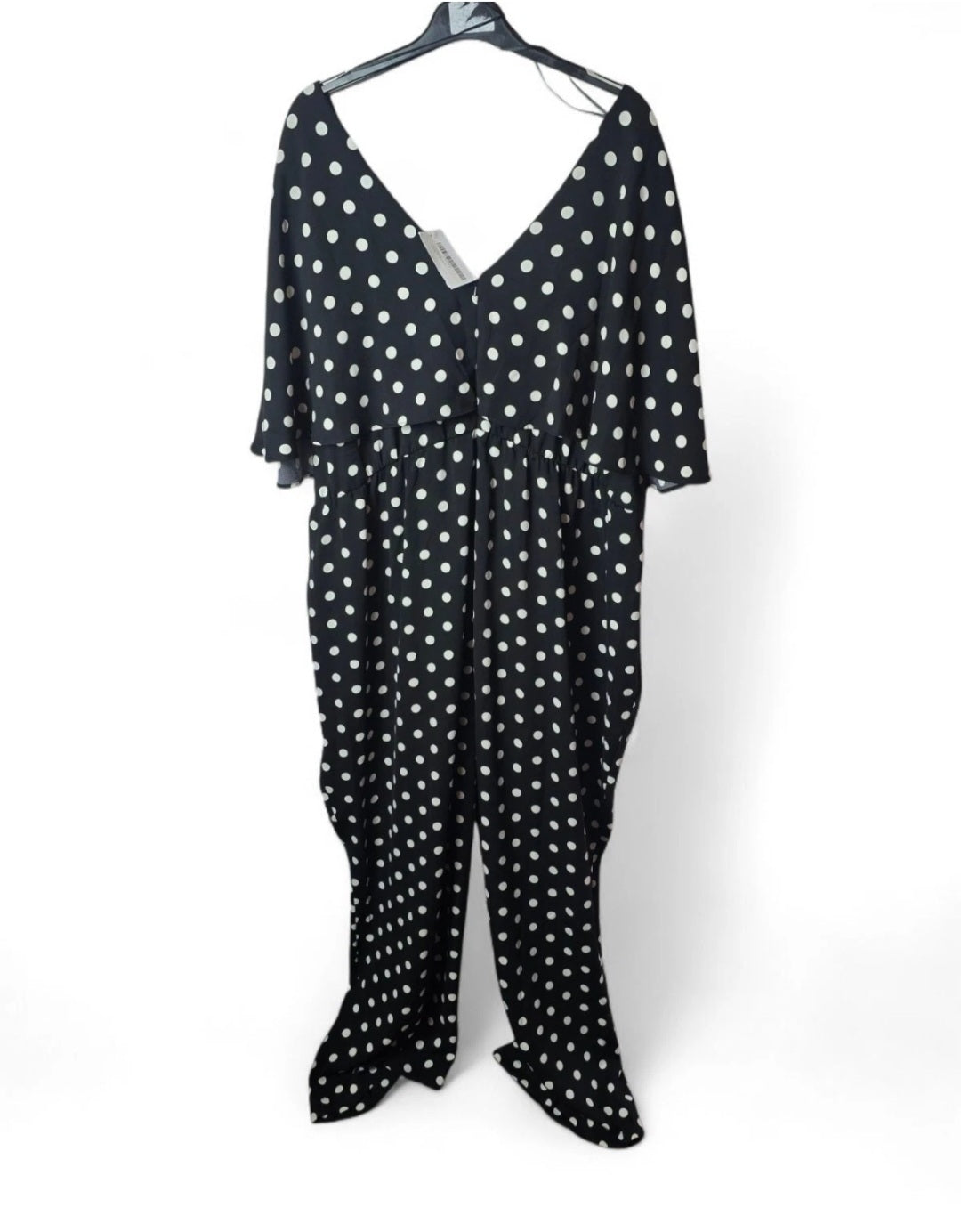 Wallis Black & White Polka Dot Jumpsuit – UK 26, V-Neck, Flutter Sleeves, Wide Leg, Tie Detail