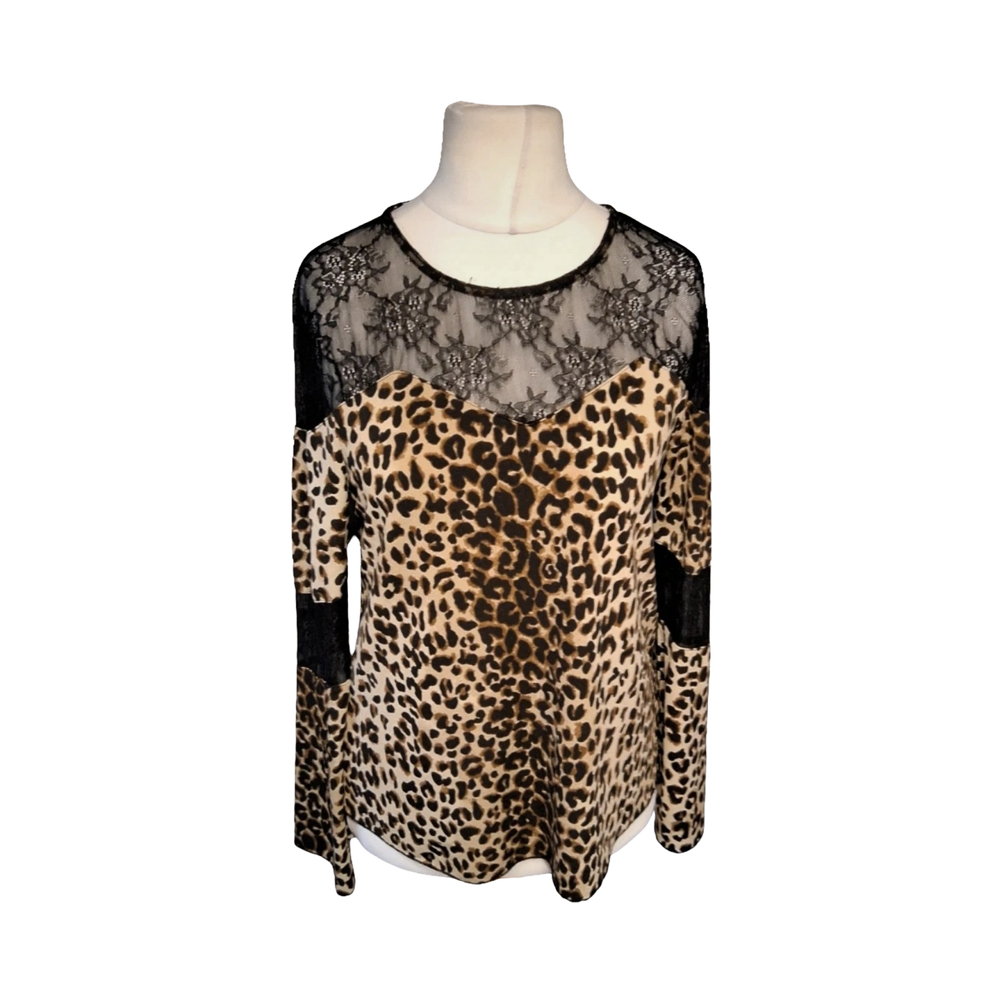Very Leopard Print & Black Lace Long Sleeve Top β Size 12 β Stretchy Polyester