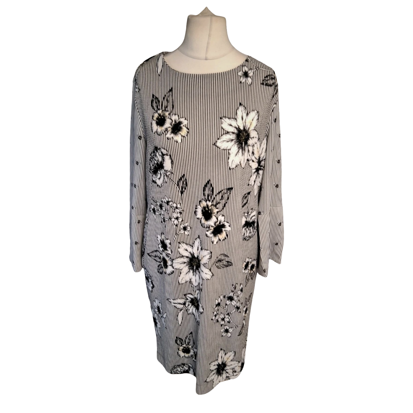 Next Black & White Stripe Floral Bee Print Midi Dress ā Long Sleeves, Size 16, Polyester