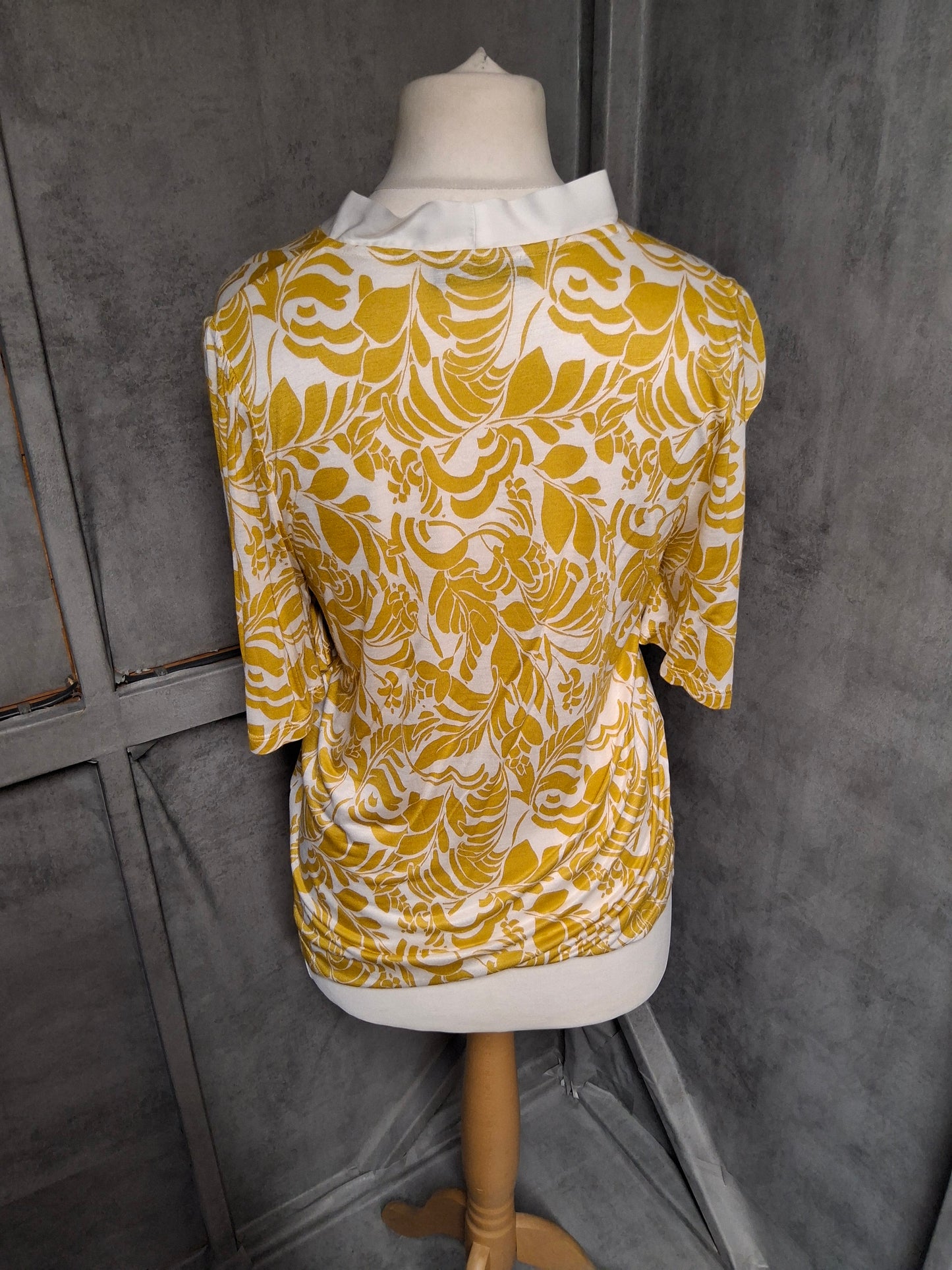 M&S Mustard & White Print Tie-Neck Top – Size 12