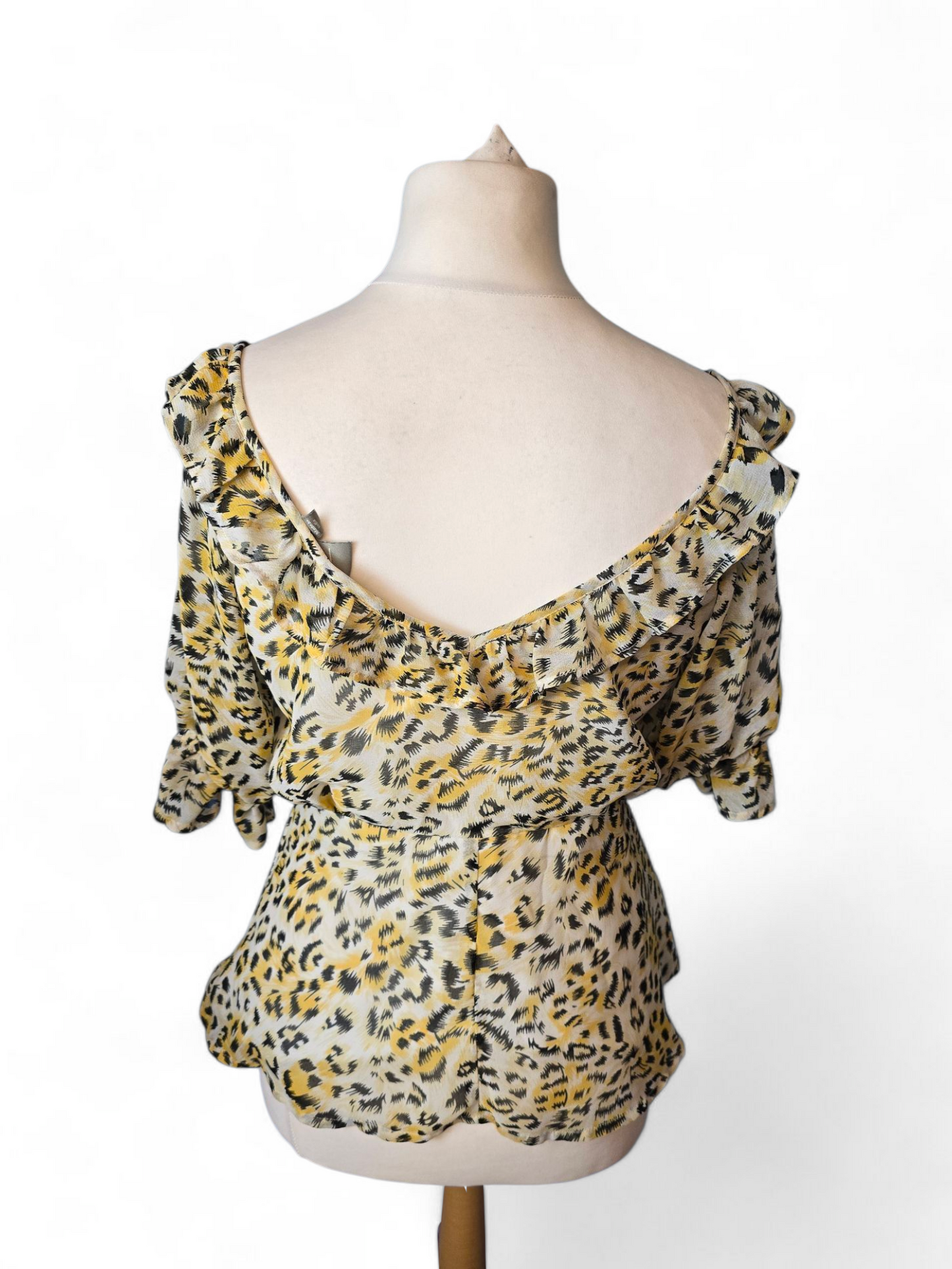 ASOS Yellow & Black Leopard Print Top | Size 12 UK | V-Neck & Sheer Sleeves
