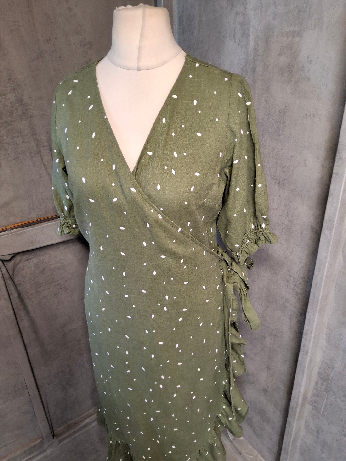 Next Petite Khaki Green Midi Wrap Dress – Size 12P – Linen Blend – NWT RRP £40