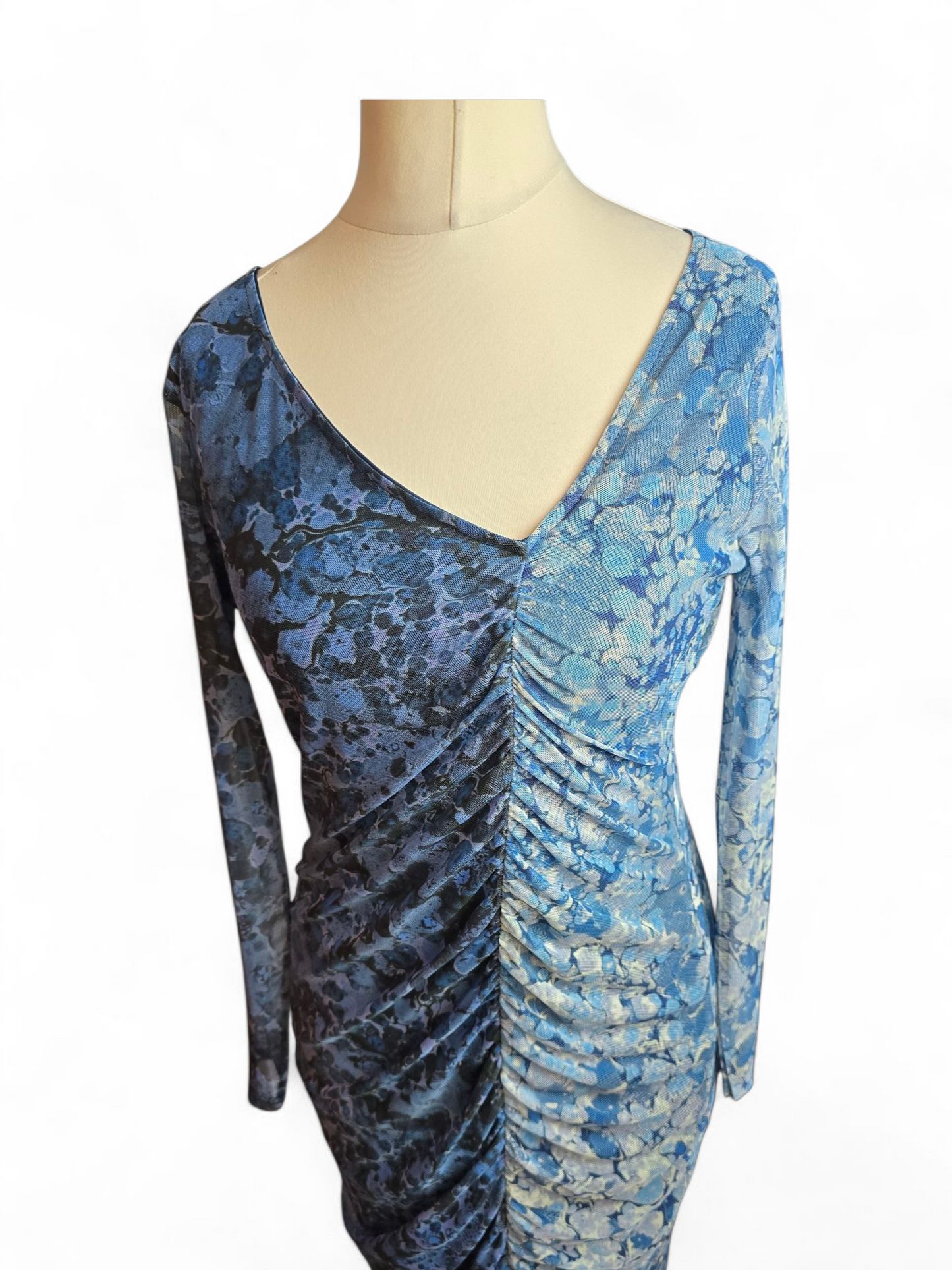 Warehouse Petite Blue Midi Dress Size 14 – Sheer Sleeves, Ruched Waist, Lined, V-Neck, Polyester