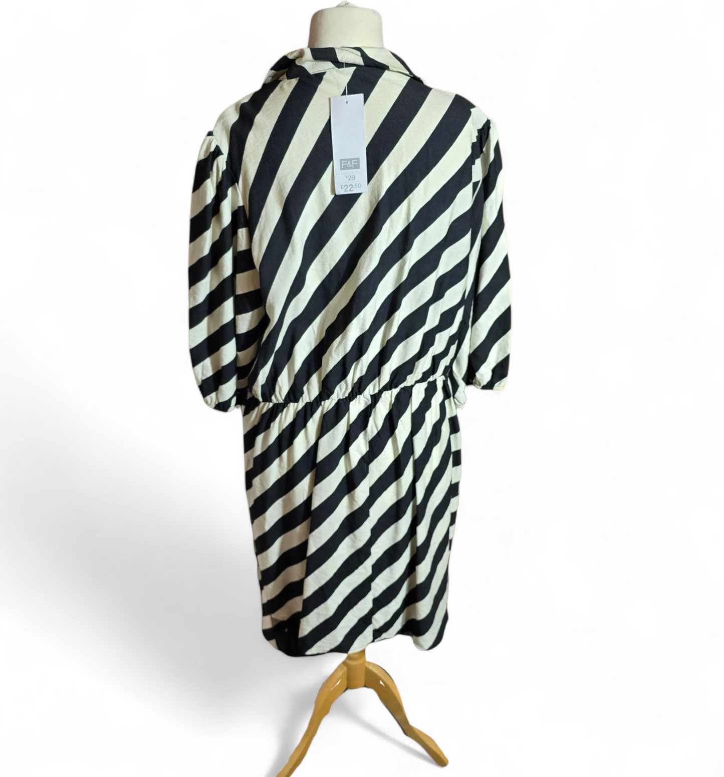 F&F Black & White Striped Wrap Dress | Size 22 UK | 3/4 Sleeve V-Neck Tie Waist