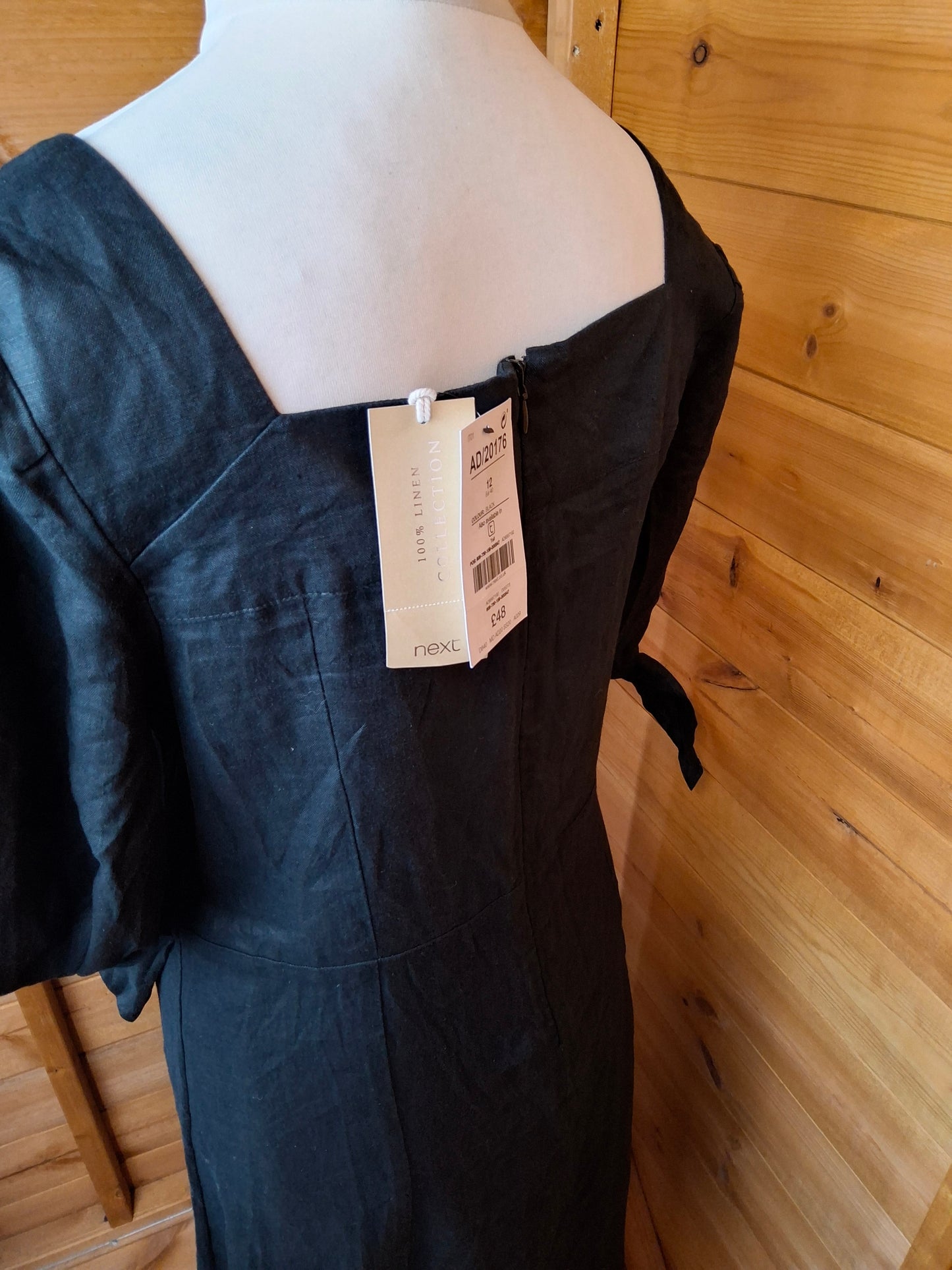Next Black 100% Linen Midi Dress – Size 12 – NWT – Tie Sleeves – RRP £48