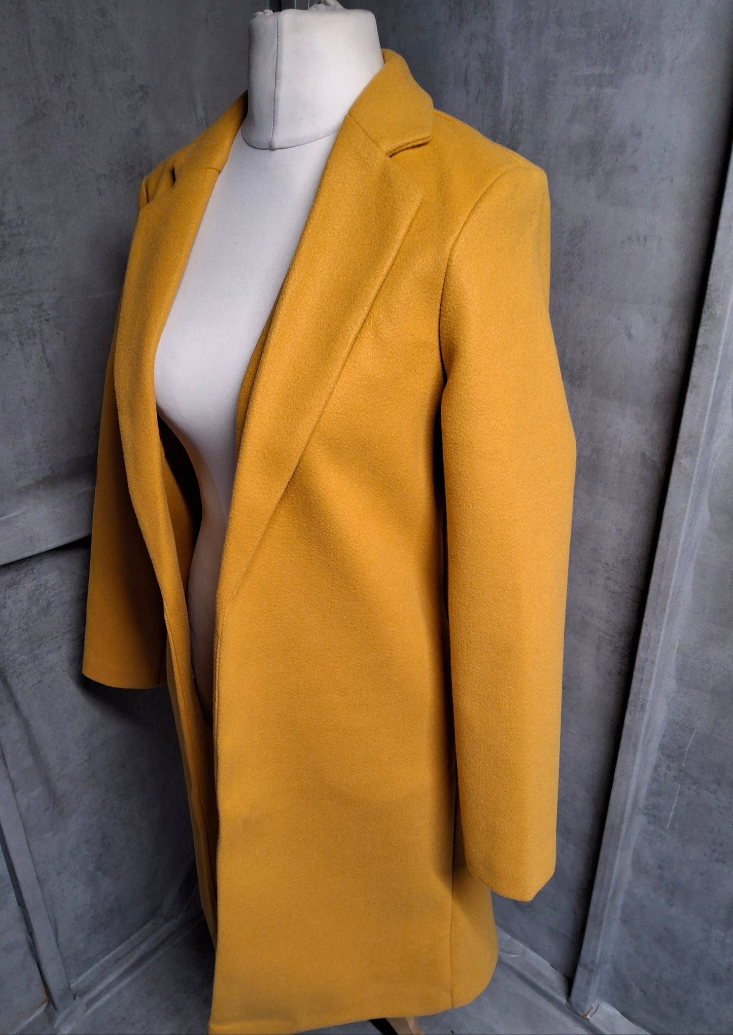 F&F Mustard Yellow Open Front Midi Coat – Size Small (size 8–10) – Bright & Chic
