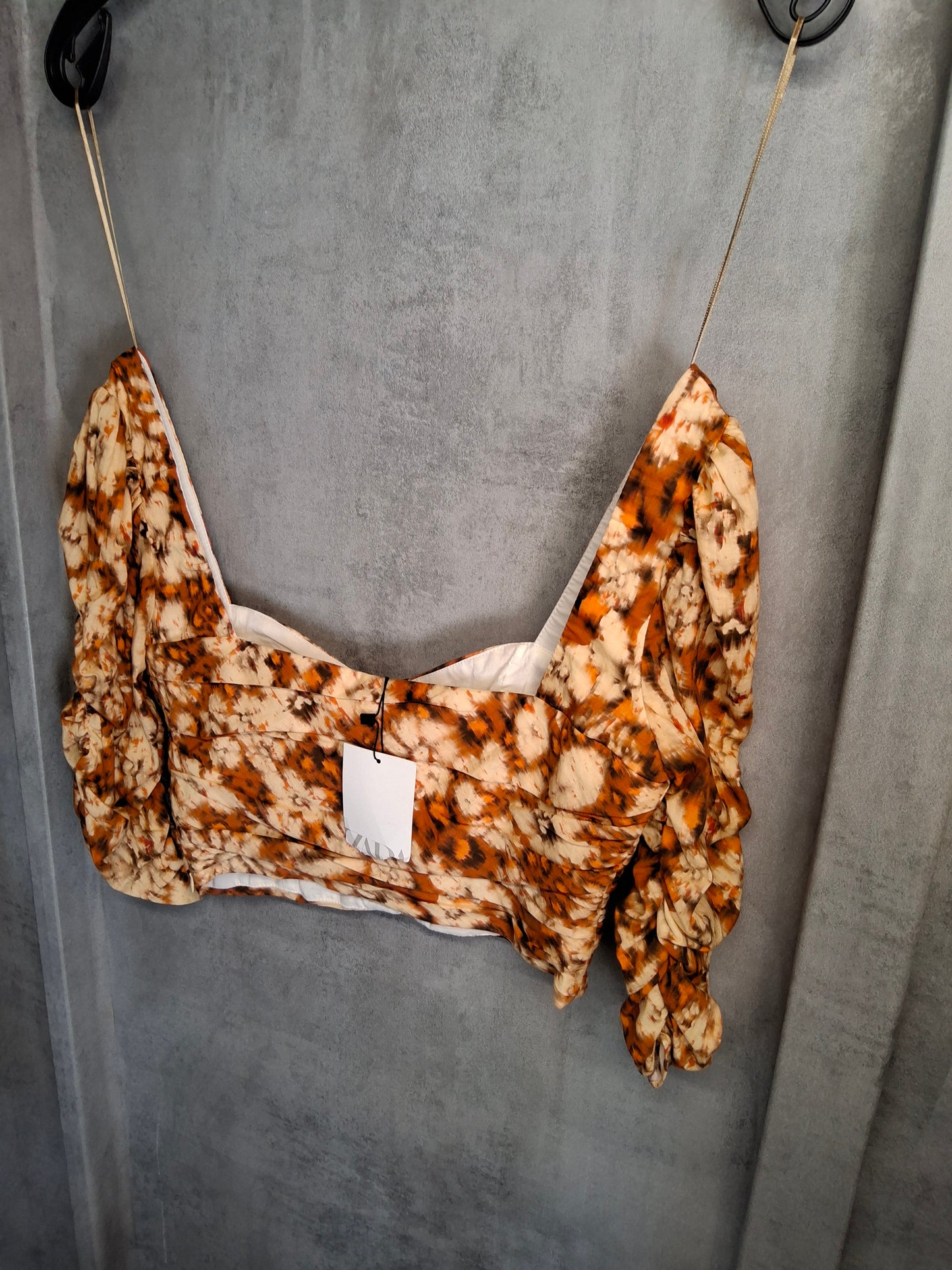 Zara Orange & Cream Animal Print Puff Sleeve Crop Top β Size 8/10 β NWT