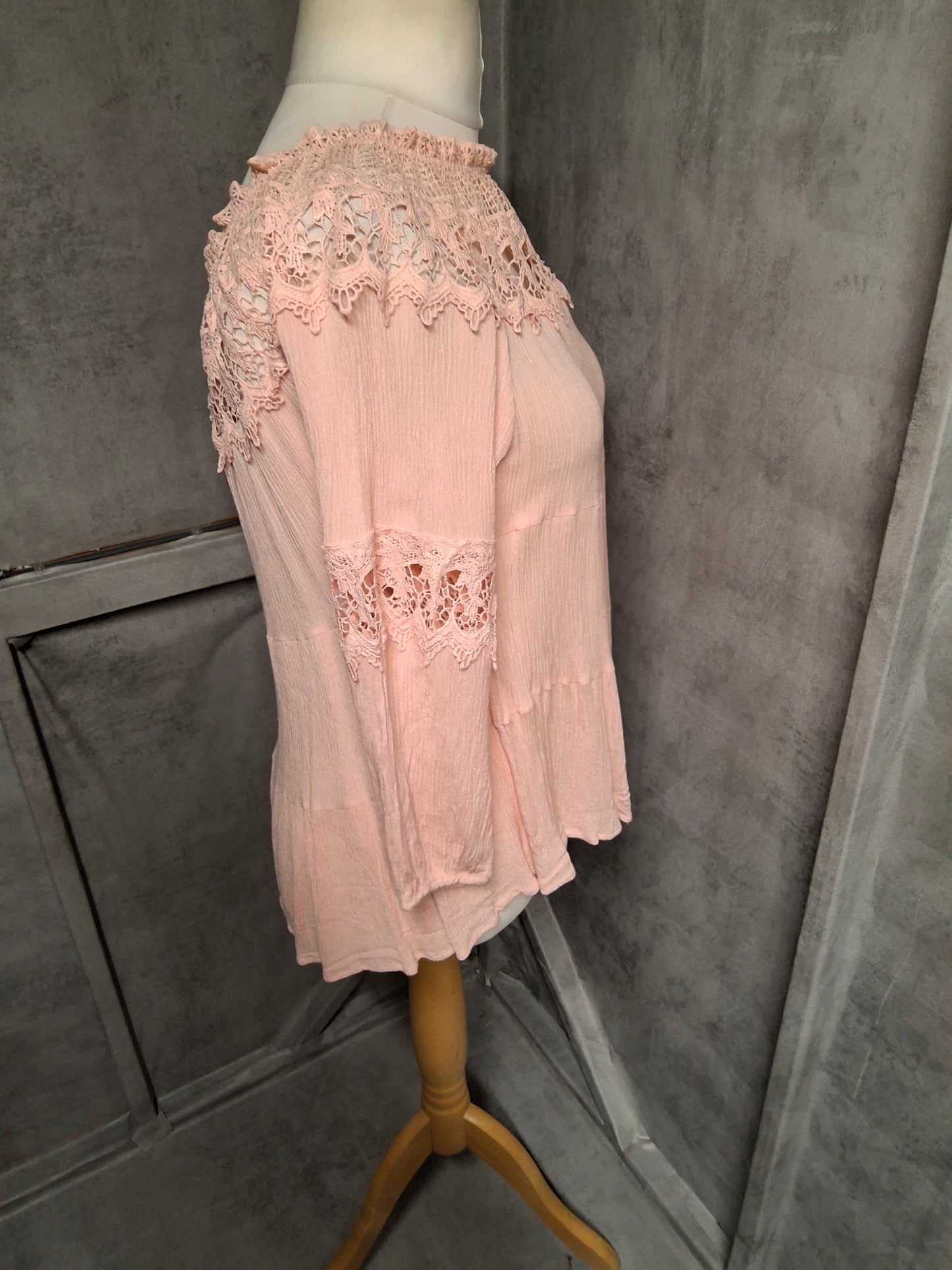 Azaka Light Pink Crochet Boho Top – Size M/L (UK size 10/12)