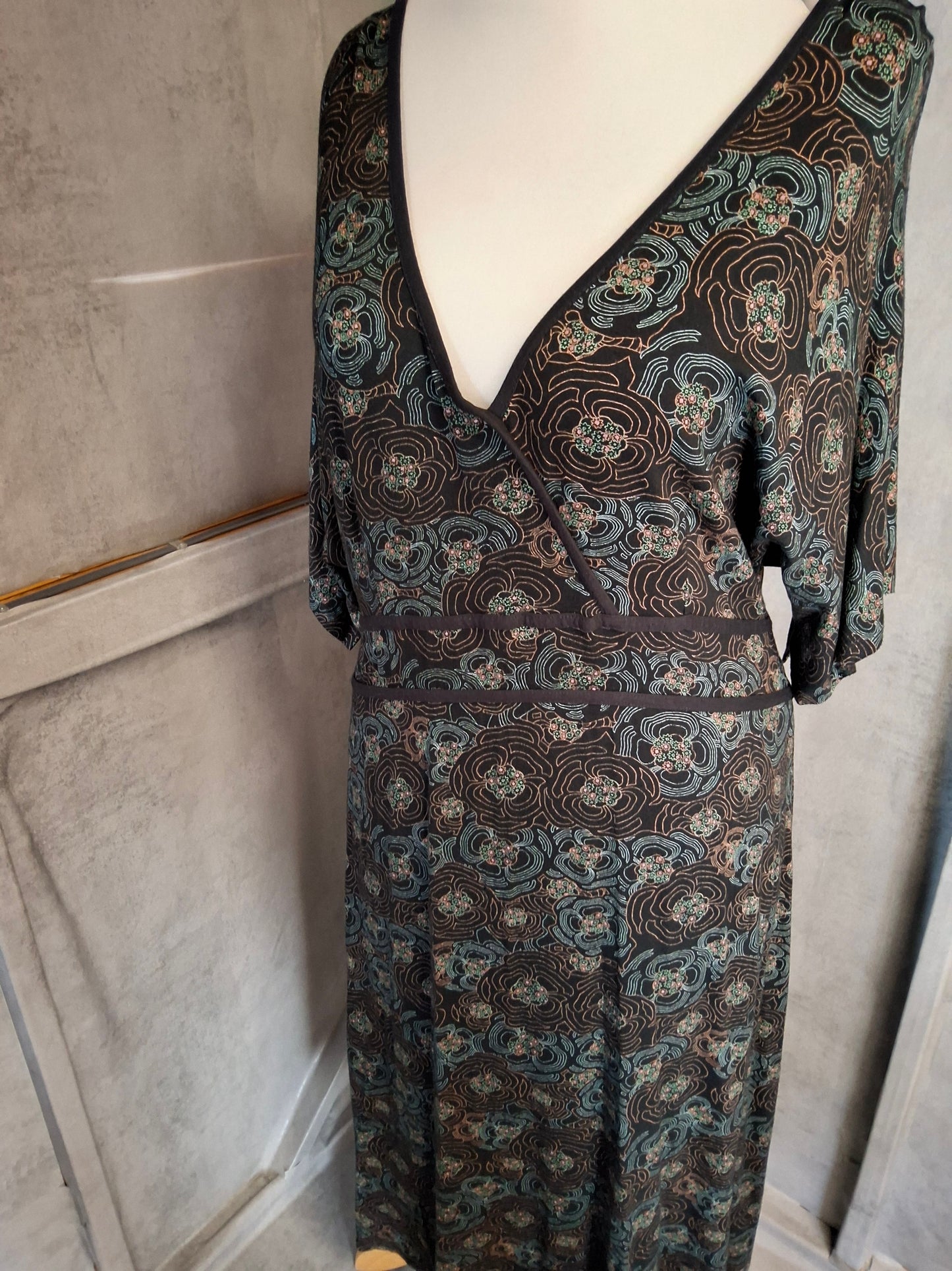 Y2K 2005 Next Maternity Black & Turquoise Floral Midi Dress - 3/4 Sleeves, Stretchy Viscose