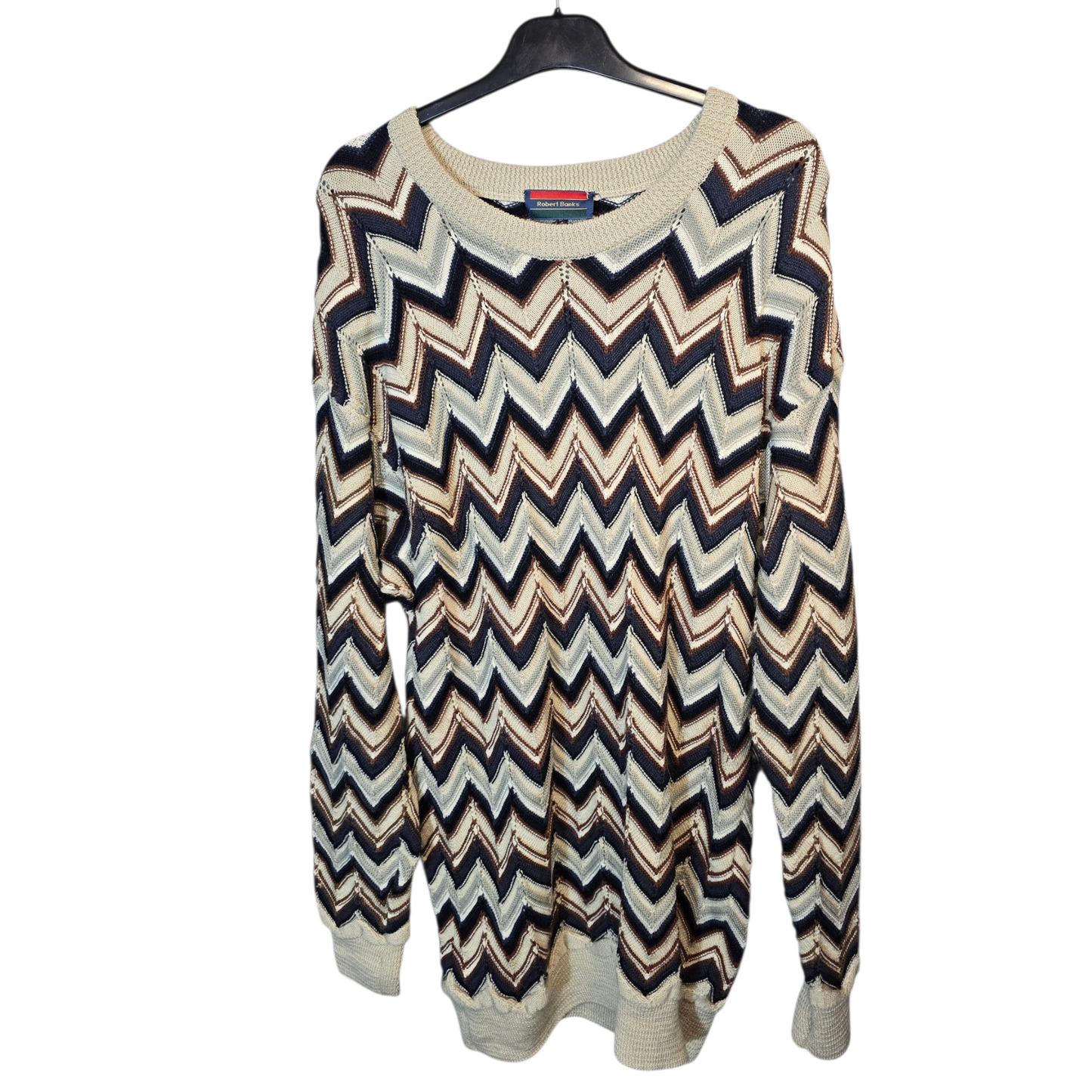 Men’s Vintage Robert Banks Chevron Knitted Jumper – Beige, Brown & Navy – Longer Length