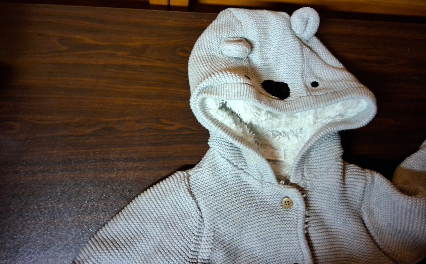 F&F Grey Knit Hooded Cardigan – Unisex 6–9 Months – 100% Cotton with Fleece Lining Girls Boys