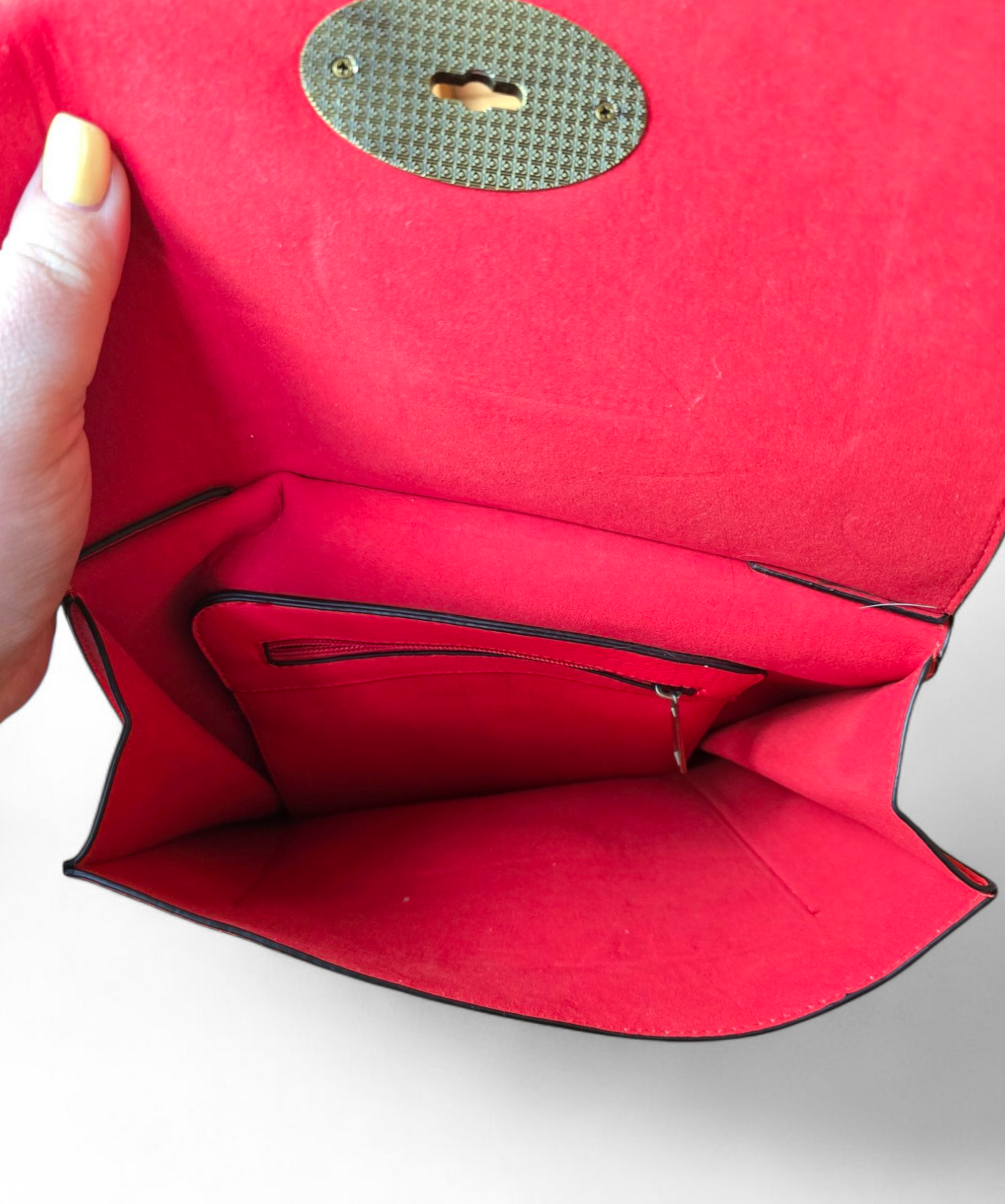 Fashion Star Red Faux Leather Handbag – Square Shape, Brown Strap, 26x31cm, Clasp Close, Pocket