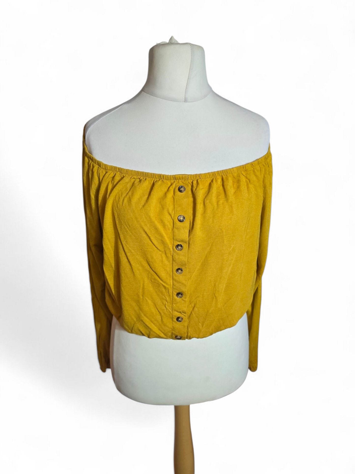 H&M Mustard Yellow Off-the-Shoulder Top Size L (Fits 12/14) – Button Front, Elasticated Waist & Cuffs
