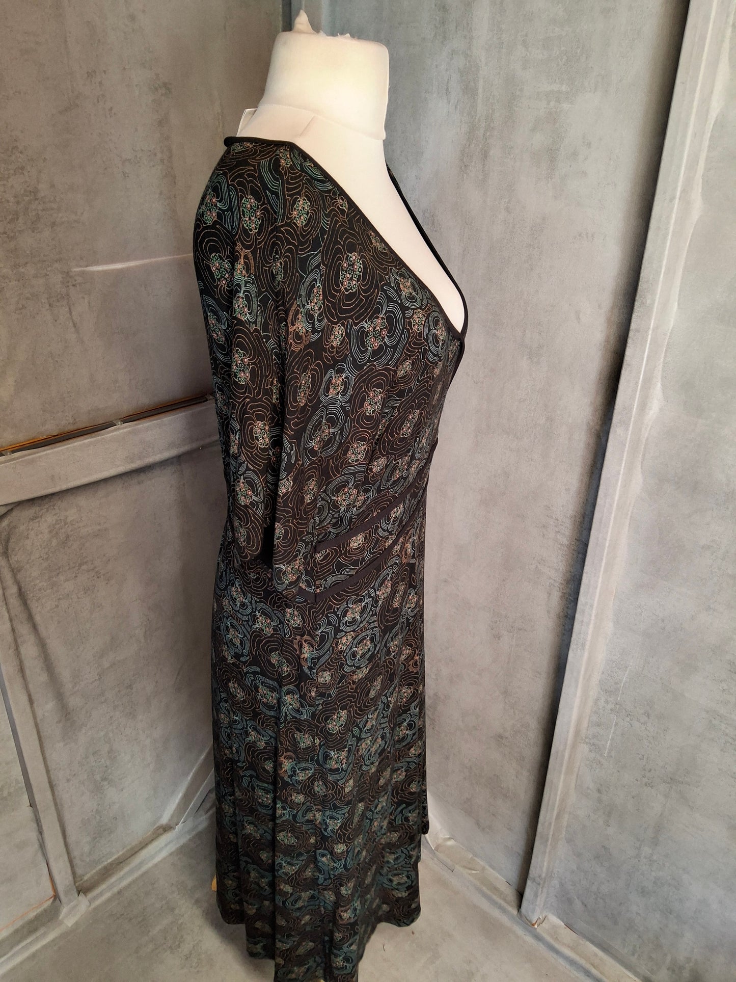 Y2K 2005 Next Maternity Black & Turquoise Floral Midi Dress - 3/4 Sleeves, Stretchy Viscose
