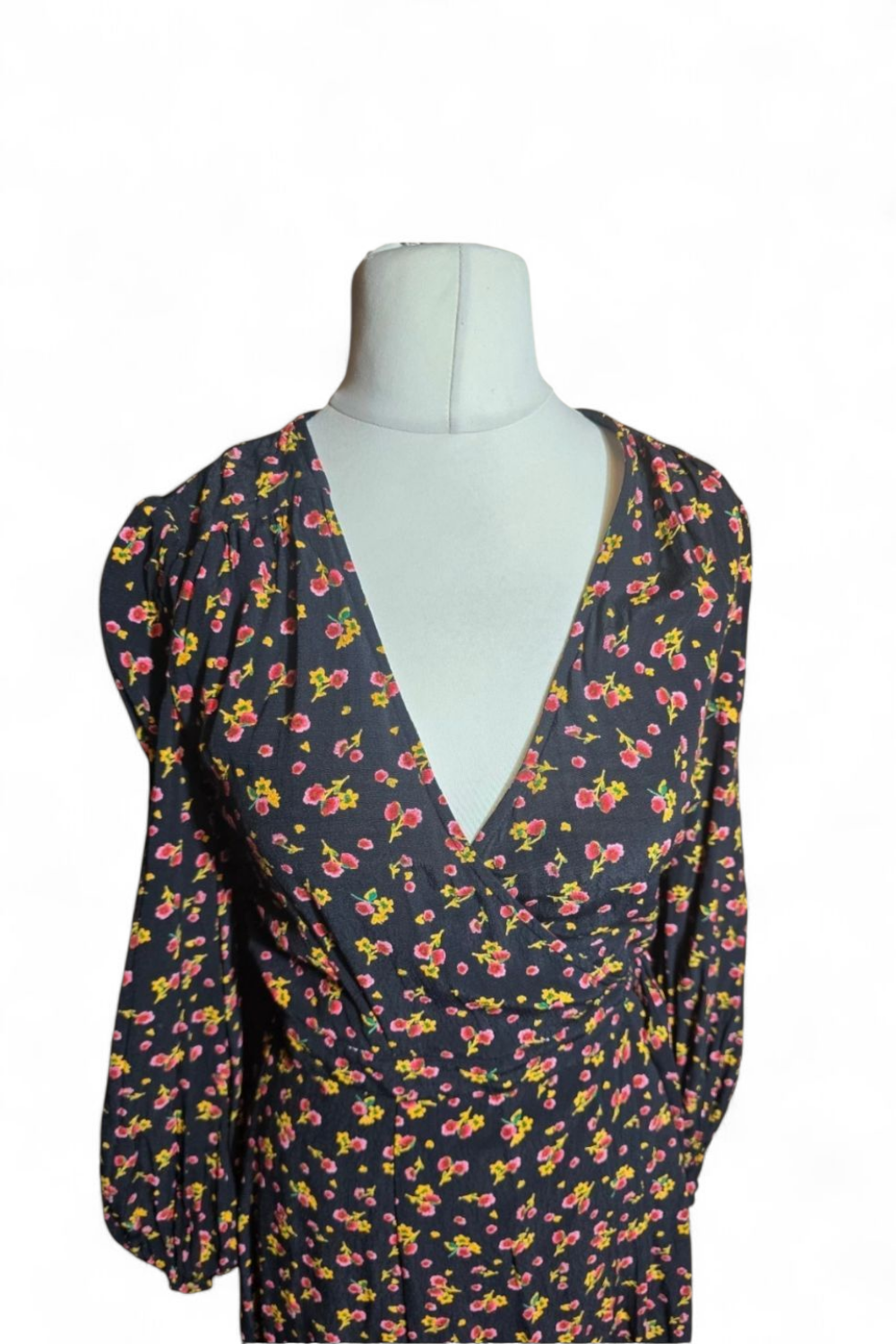 M&S Ghost Black Floral Wrap Midi Dress Size 8 – Long Sleeves, V-Neck, Elegant & Flattering