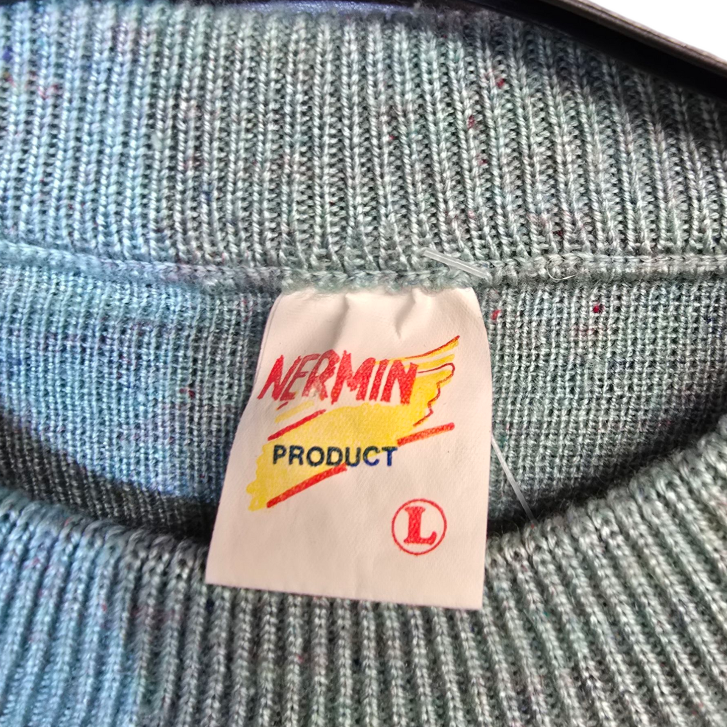 Vintage Nermin Turquoise Knitted Jumper – Floral Design – Shoulder Pads – Retro Style