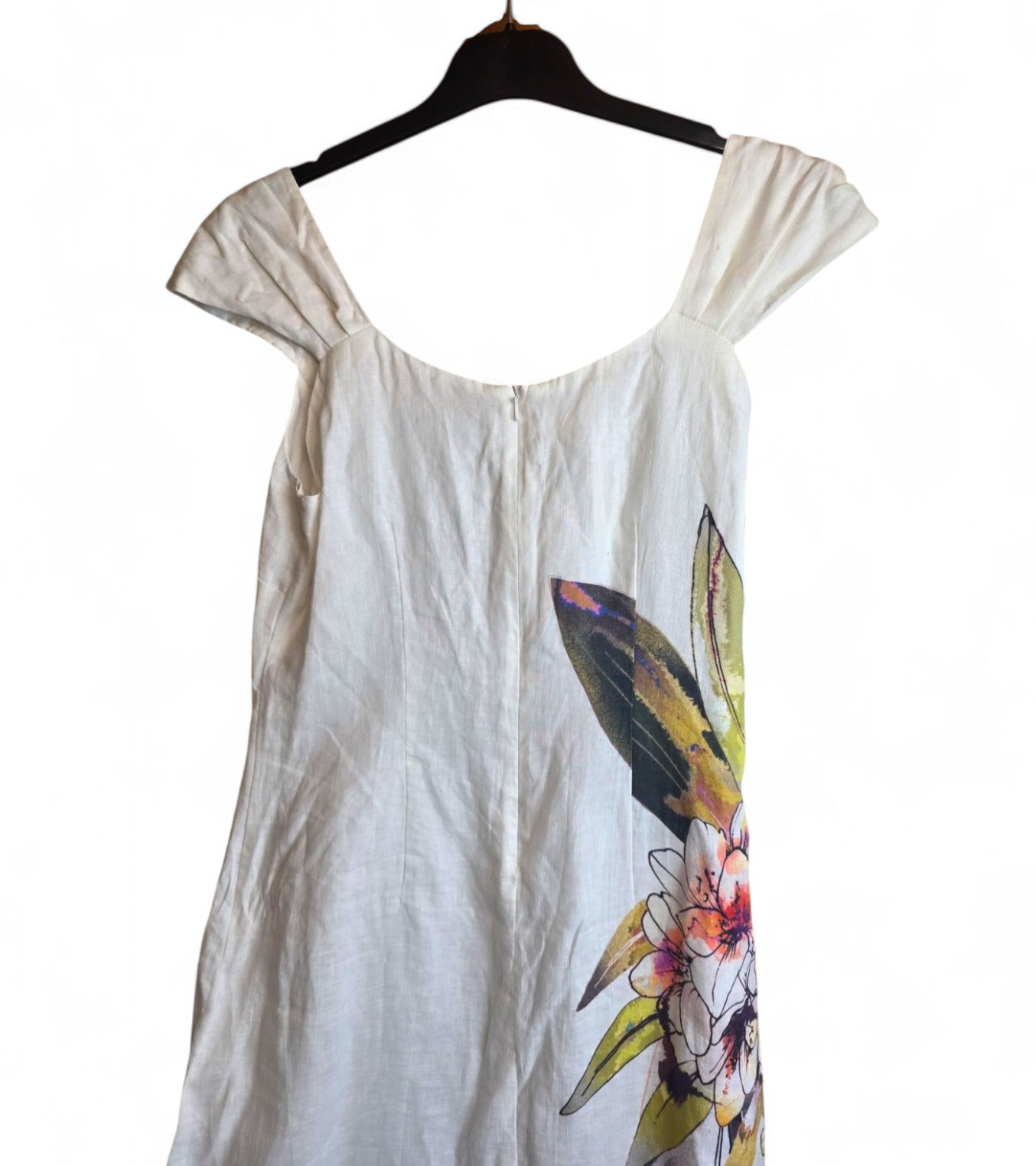 Michaela Louisa white floral short sleeved midi dress 100% linen size 8