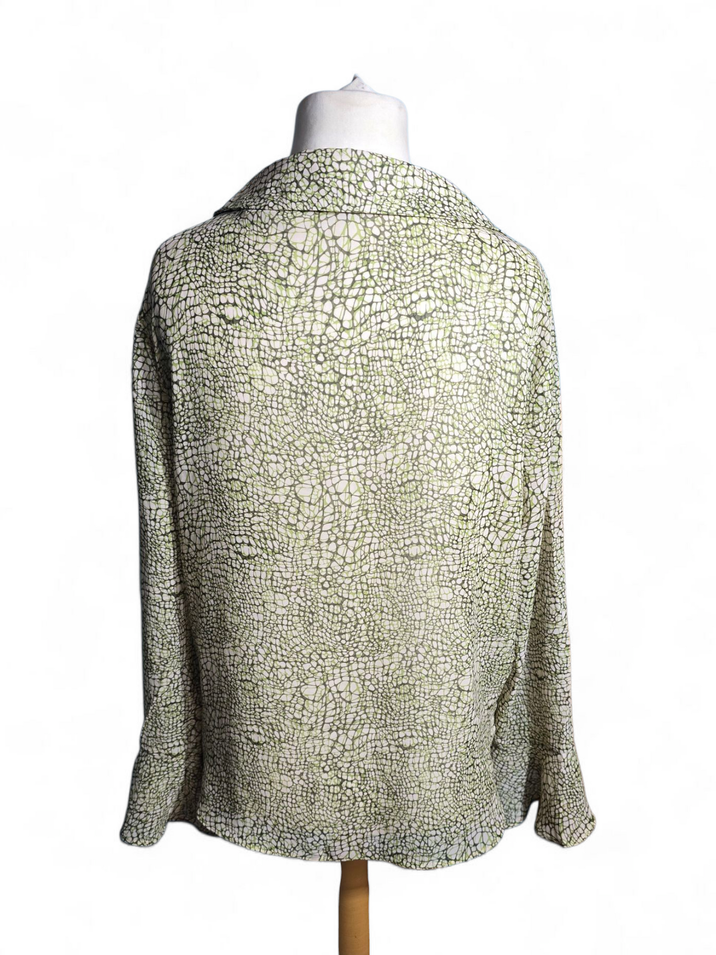 Next Green & Black Sheer Blouse | Size 14 UK | V-Neck, Button Front, Flared Cuffs