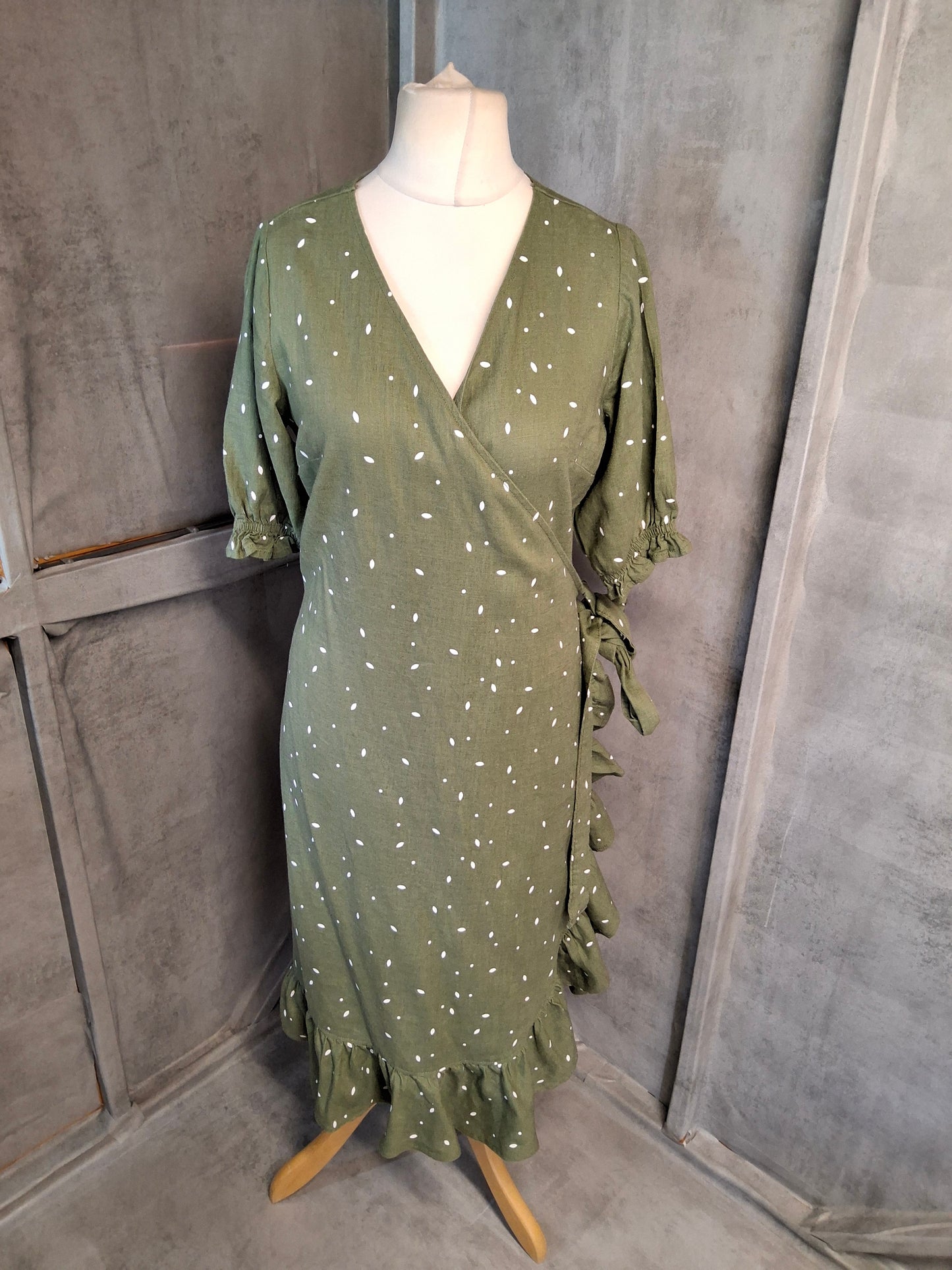 Next Petite Khaki Green Midi Wrap Dress – Size 12P – Linen Blend – NWT RRP £40