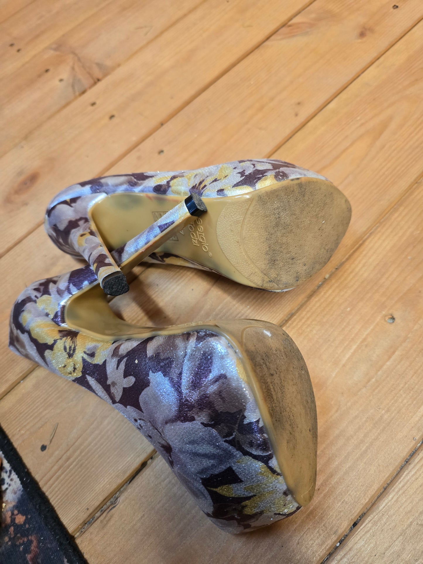 Sergio Todzi Silver, Purple & Yellow Floral Platform High Heels UK 4 – Metallic 13cm Heel