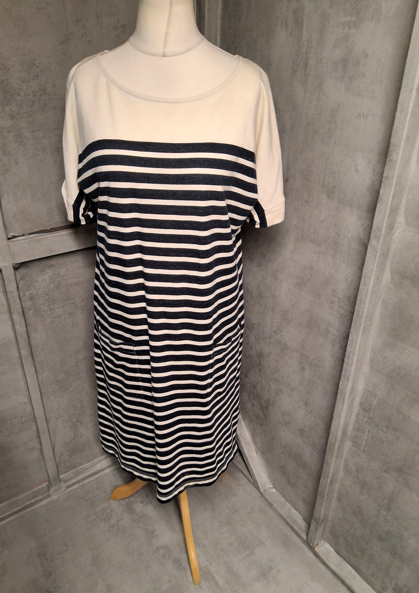 White Stuff Navy & White Stripe Cotton Midi Dress – Size 12