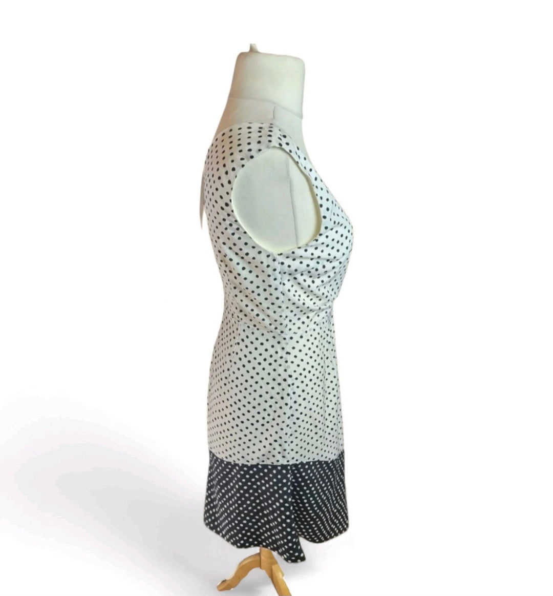 Lavish Alice Black & White Polka Dot Midi Dress – Size 12, Sleeveless, V-Neck, Asymmetrical Hem