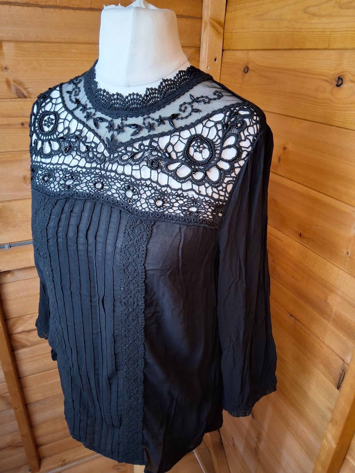 Monsoon Black Lace & Bead Blouse – Size 12 – NWT – RRP £59 – Slightly Sheer Glam