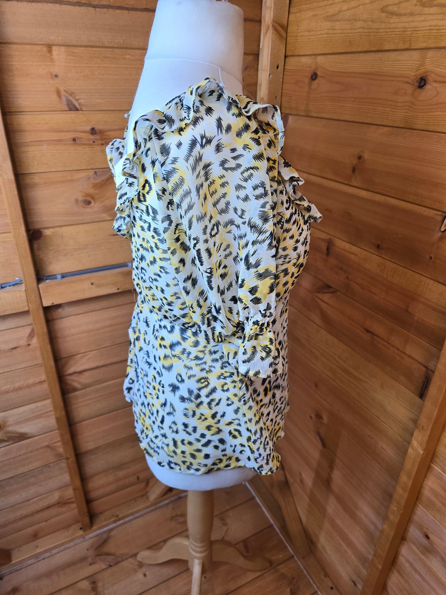 ASOS Yellow & Black Leopard Print Top | Size 12 UK | V-Neck & Sheer Sleeves