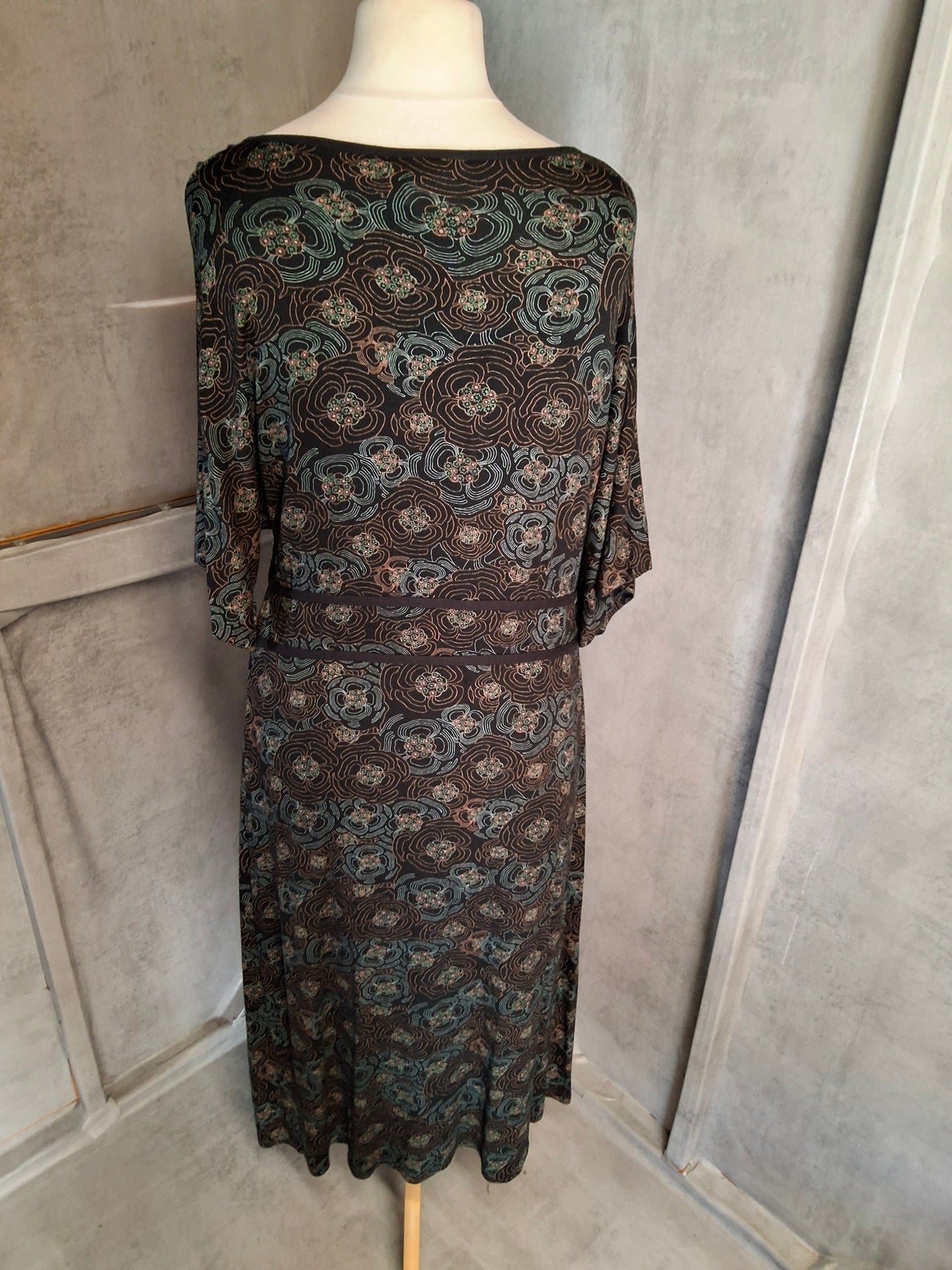 Y2K 2005 Next Maternity Black & Turquoise Floral Midi Dress - 3/4 Sleeves, Stretchy Viscose