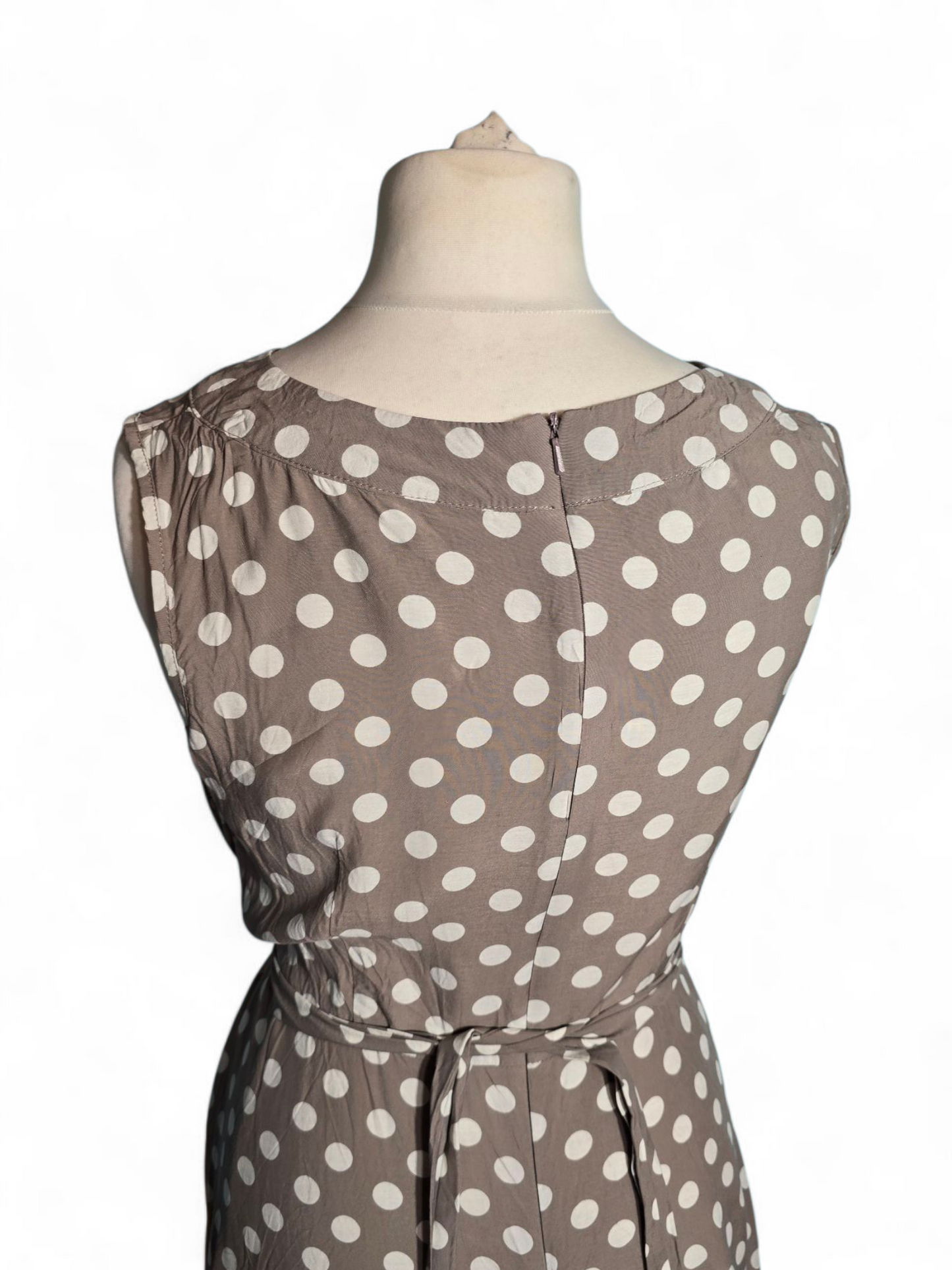 Wallis Petite Light Brown & White Polka Dot Flared Midi Dress | Sleeveless | Belted | 100% Viscose Size 16