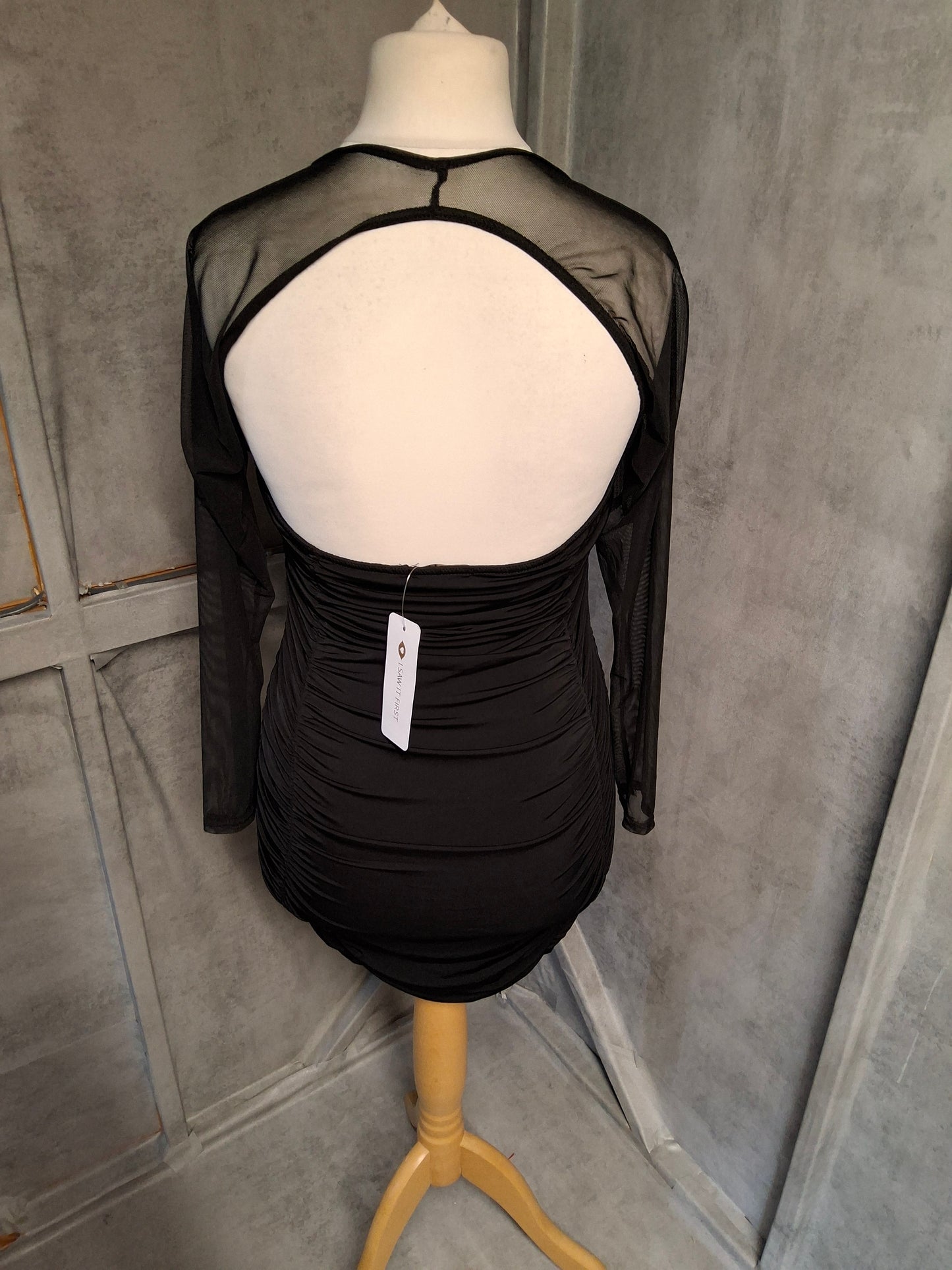 I Saw It First Black Ruched Mini Dress Size 12 – Open Back, Sheer Sleeves, Padded Bust