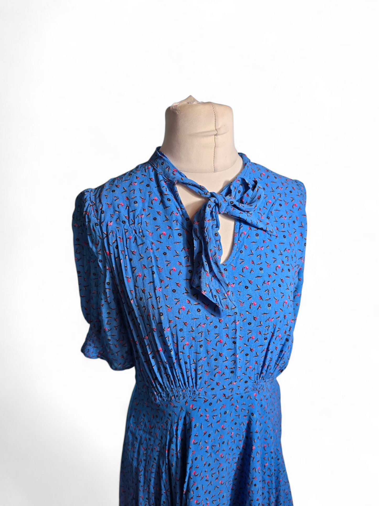 Studio by Preen Floral Midi Dress | Size 14 UK | Viscose, Asymmetrical Hem, V-Neck