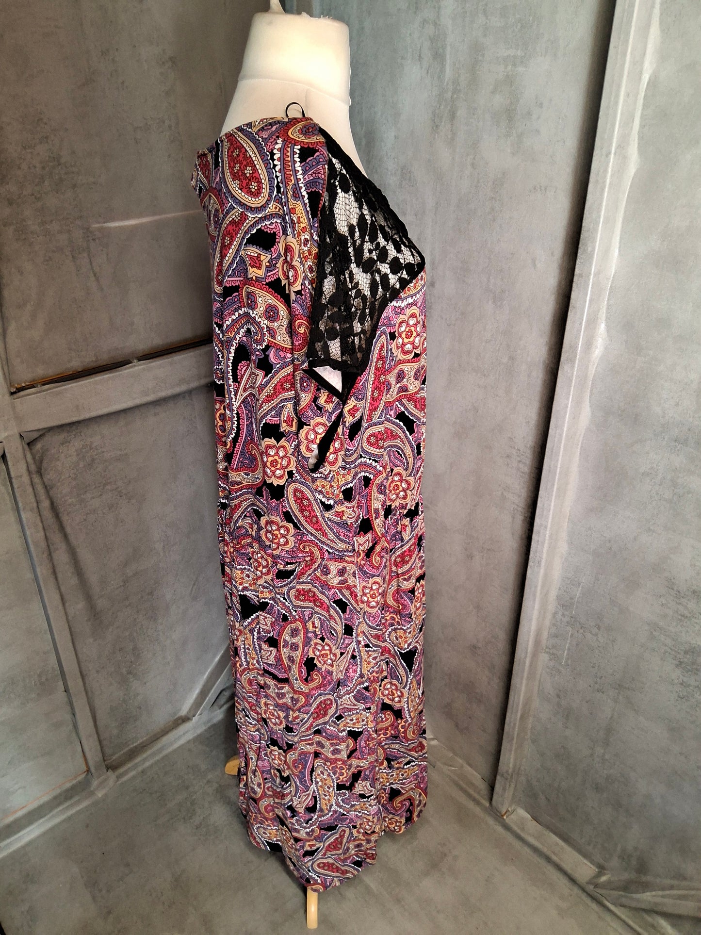 Simply Be Black Multicolour Paisley Midi Dress with Lace Detail – Size 28 – Viscose