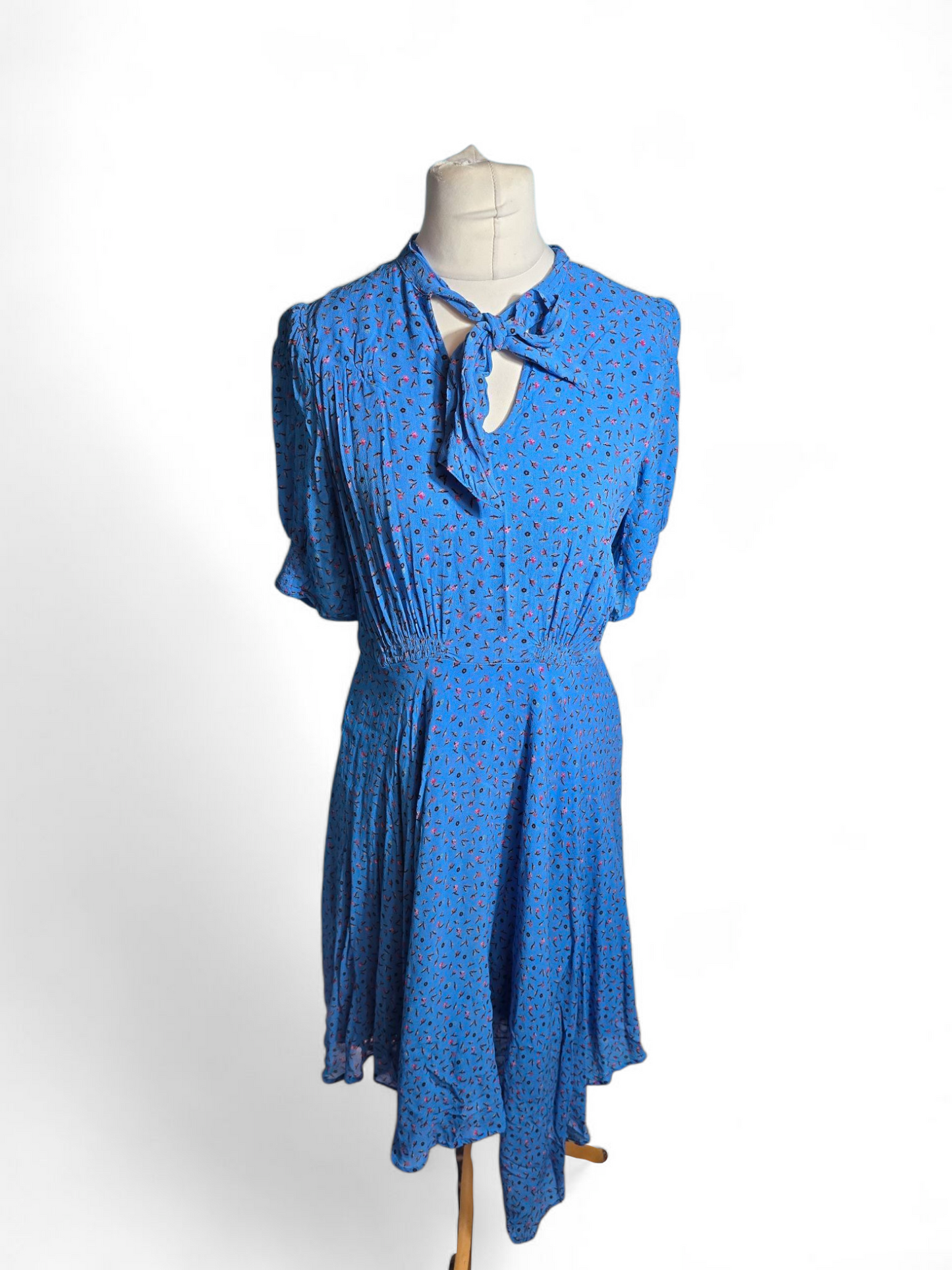 Studio by Preen Floral Midi Dress | Size 14 UK | Viscose, Asymmetrical Hem, V-Neck