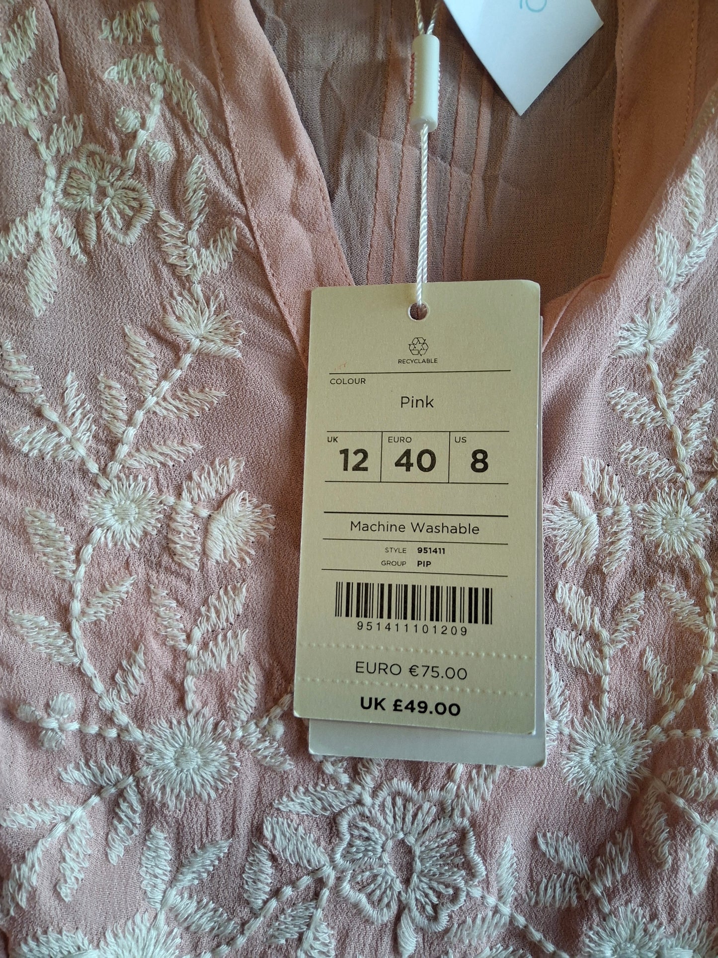 Monsoon Light Pink Embroidered Blouse – Size 12 – 100% Viscose – NWT RRP £49