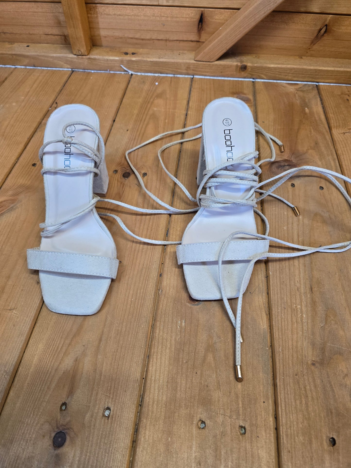 Boohoo Beige Gladiator Block Heel Sandals – UK Size 4, 3.5" Heel, Suede Look