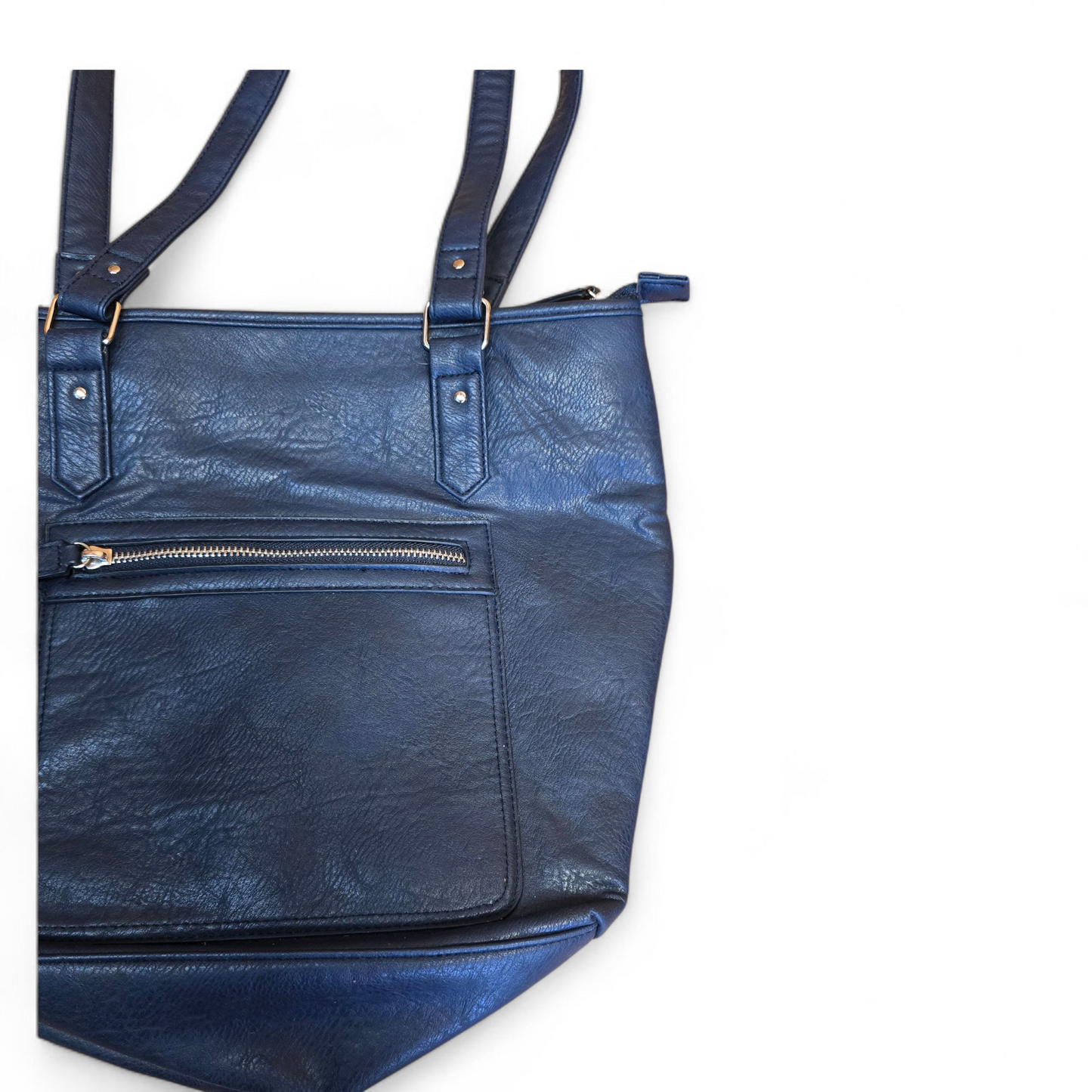 Navy Blue Faux Leather Shoulder Bag | Medium Size | Zip Closure | Everyday Tote | Isle