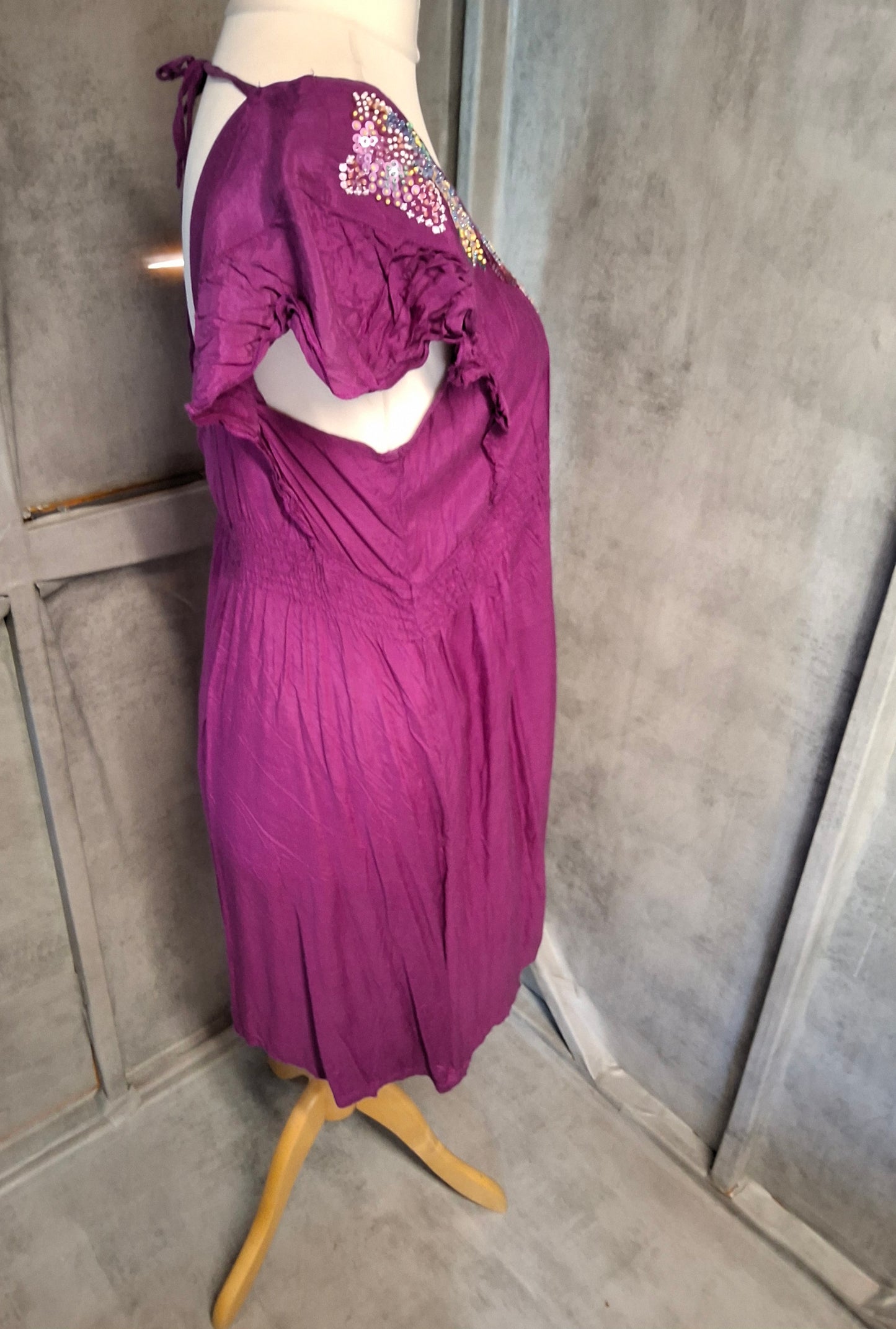 New Look Purple A-Line Dress | Size 16 UK | Beaded Front, Frill Sleeves, Tie Back