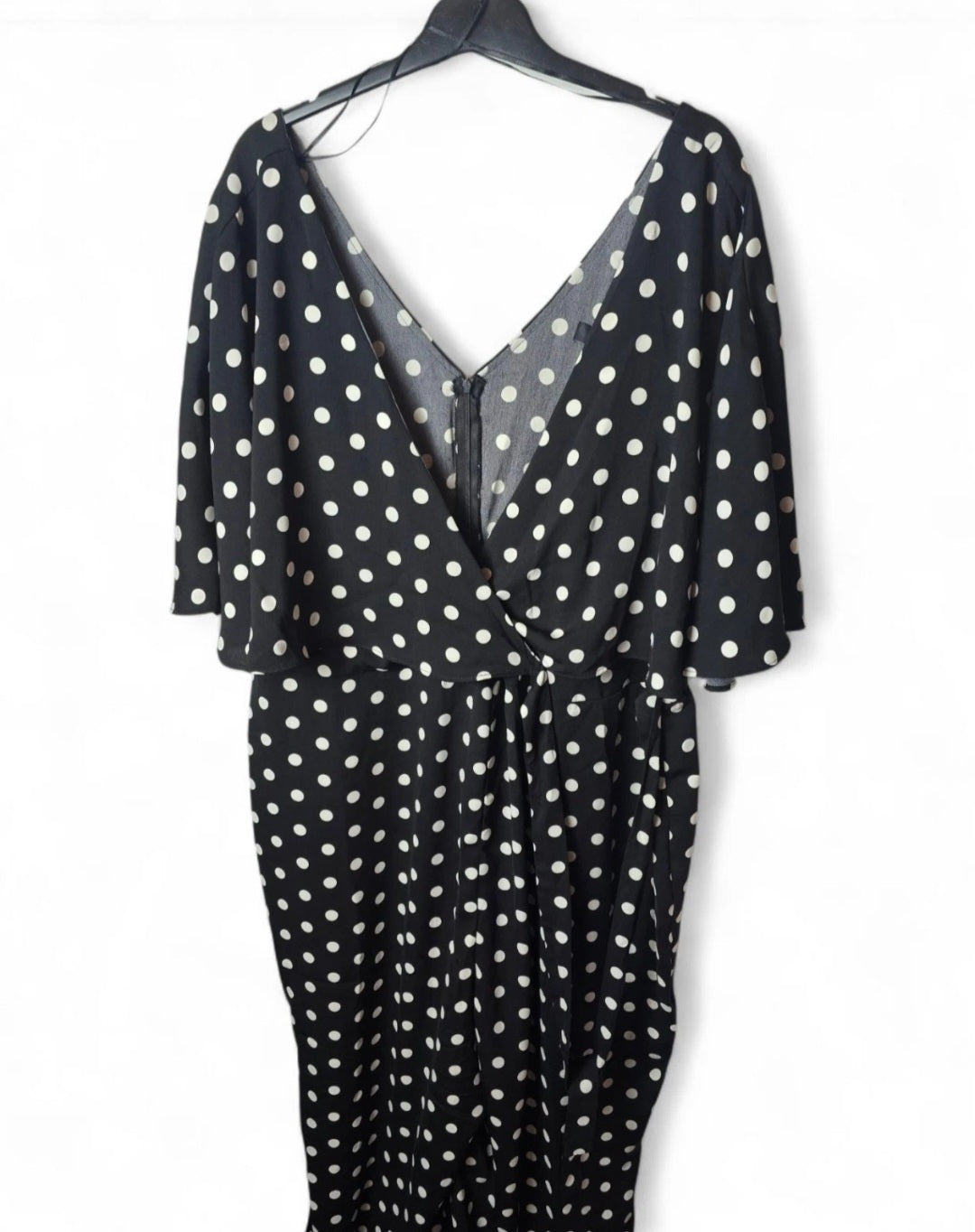 Wallis Black & White Polka Dot Jumpsuit – UK 26, V-Neck, Flutter Sleeves, Wide Leg, Tie Detail
