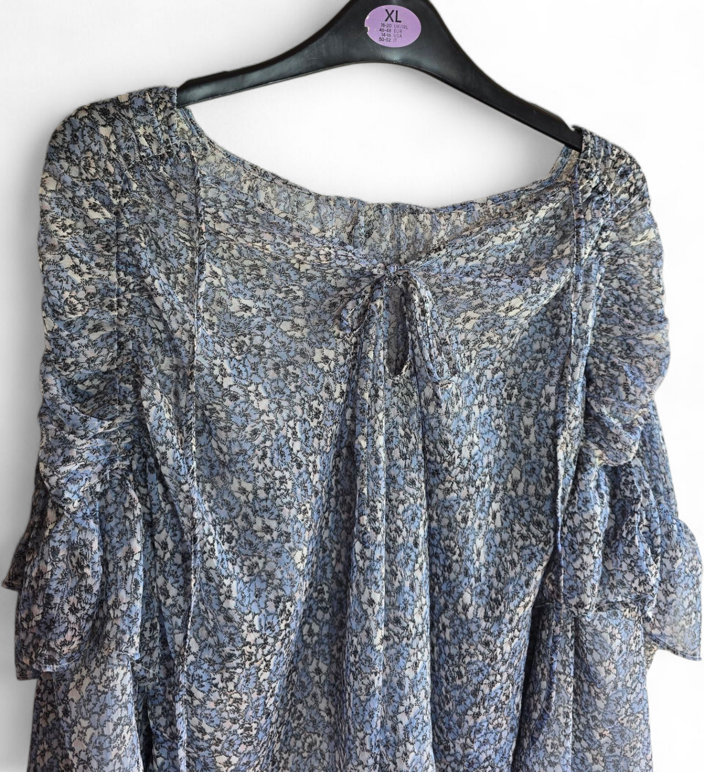 Topshop Blue & White Sheer Floral Blouse | Size 10 UK | Frill Shoulder & Bow Tie