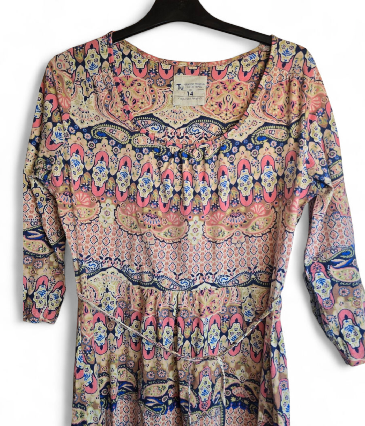 Tu Multicoloured Patterned Belted Dress Size 14 – 3/4 Sleeves, Round Neck, Mini to Knee Length