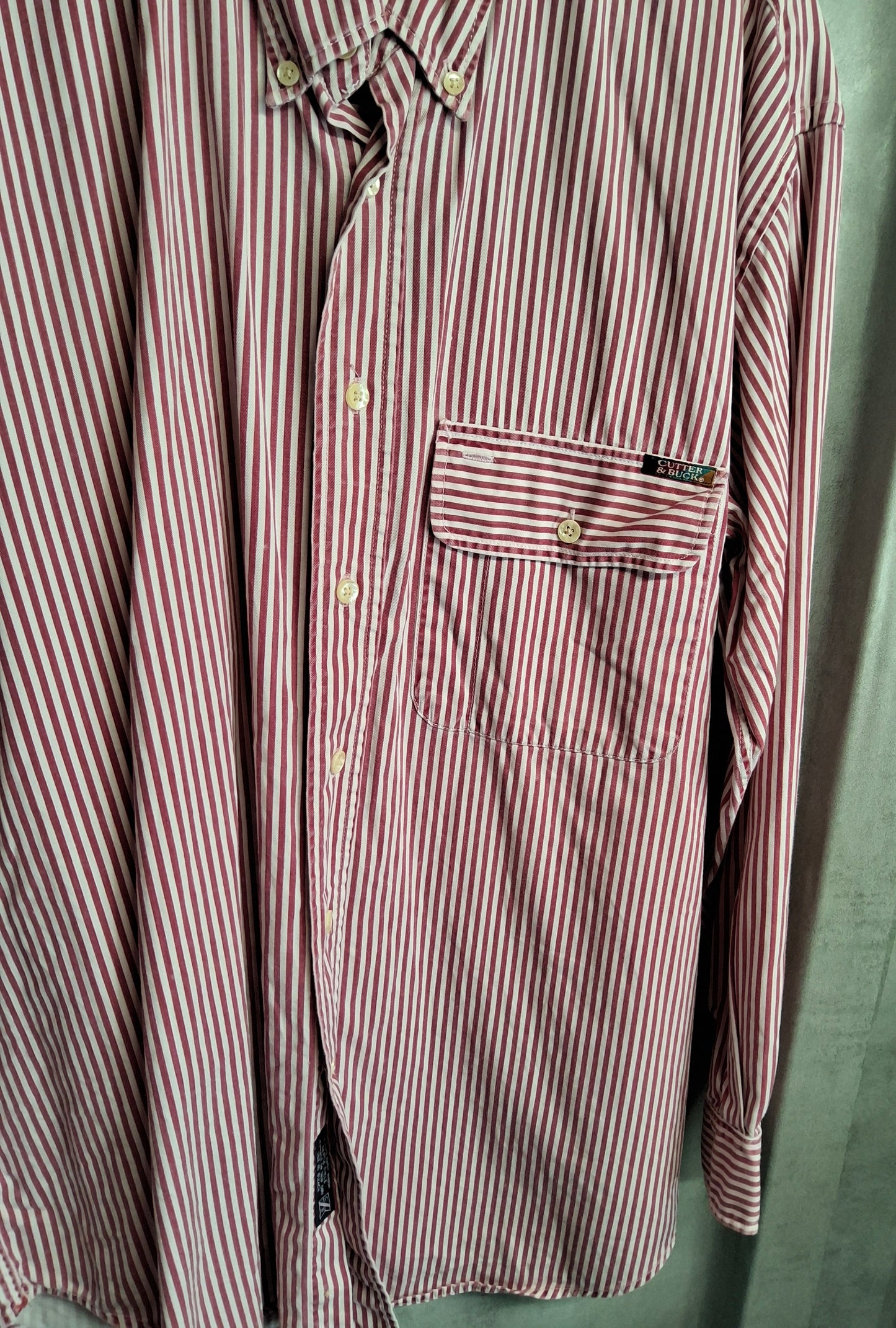 Cutter & Buck Vintage Red/White Striped Shirt – Long Sleeve, Size M, Button Down, Made in HK