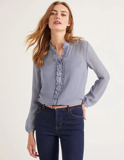 Boden Light Blue 100% Silk Ruffle Blouse – Size 10 Slightly Sheer