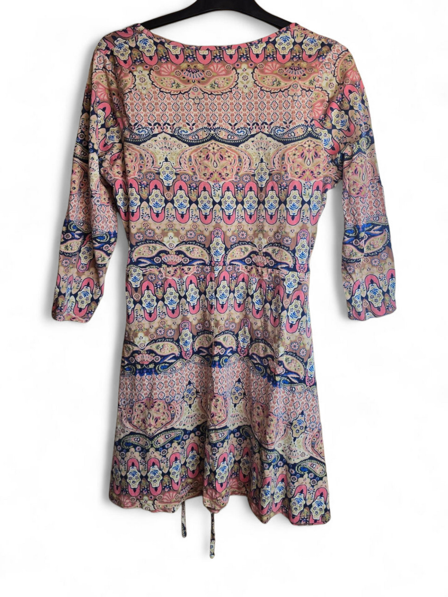 Tu Multicoloured Patterned Belted Dress Size 14 – 3/4 Sleeves, Round Neck, Mini to Knee Length