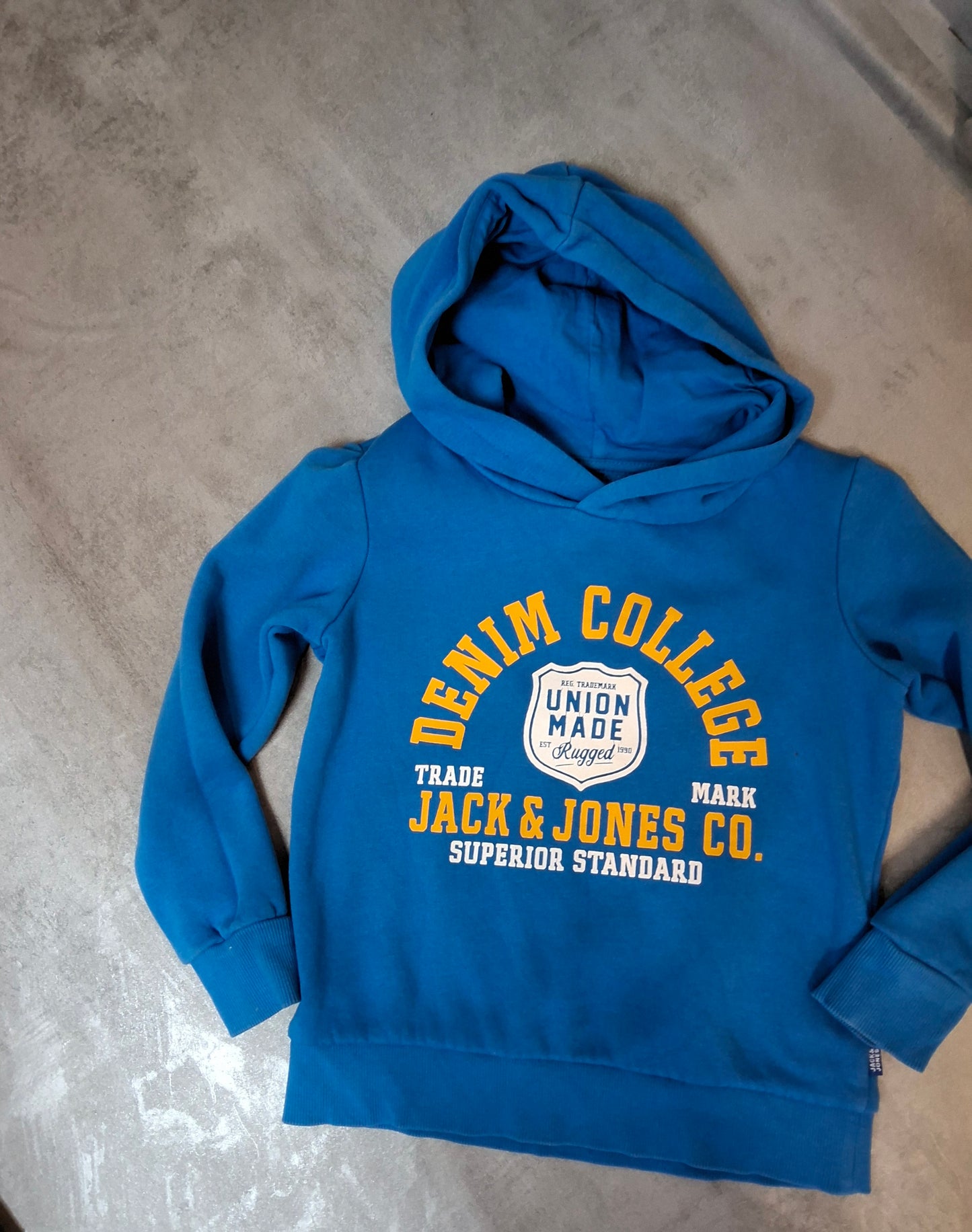 Jack & Jones Boys Blue Hoodie Age 6β7 | Denim College Print | Cotton Blend