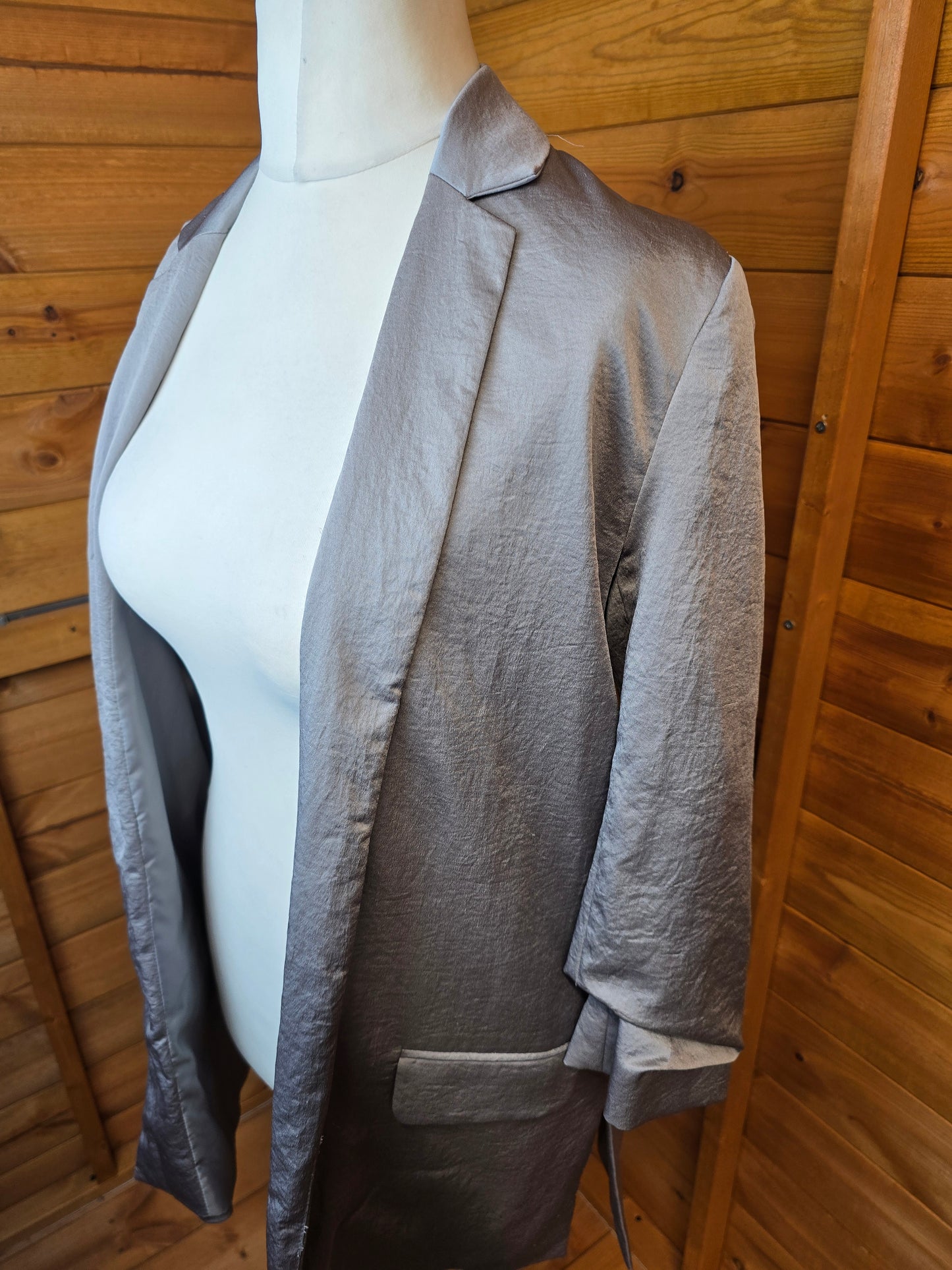 Next Tailoring Grey Metallic Open Blazer – Size 8, 3/4 Sleeves, Ruching, Lined with Pockets