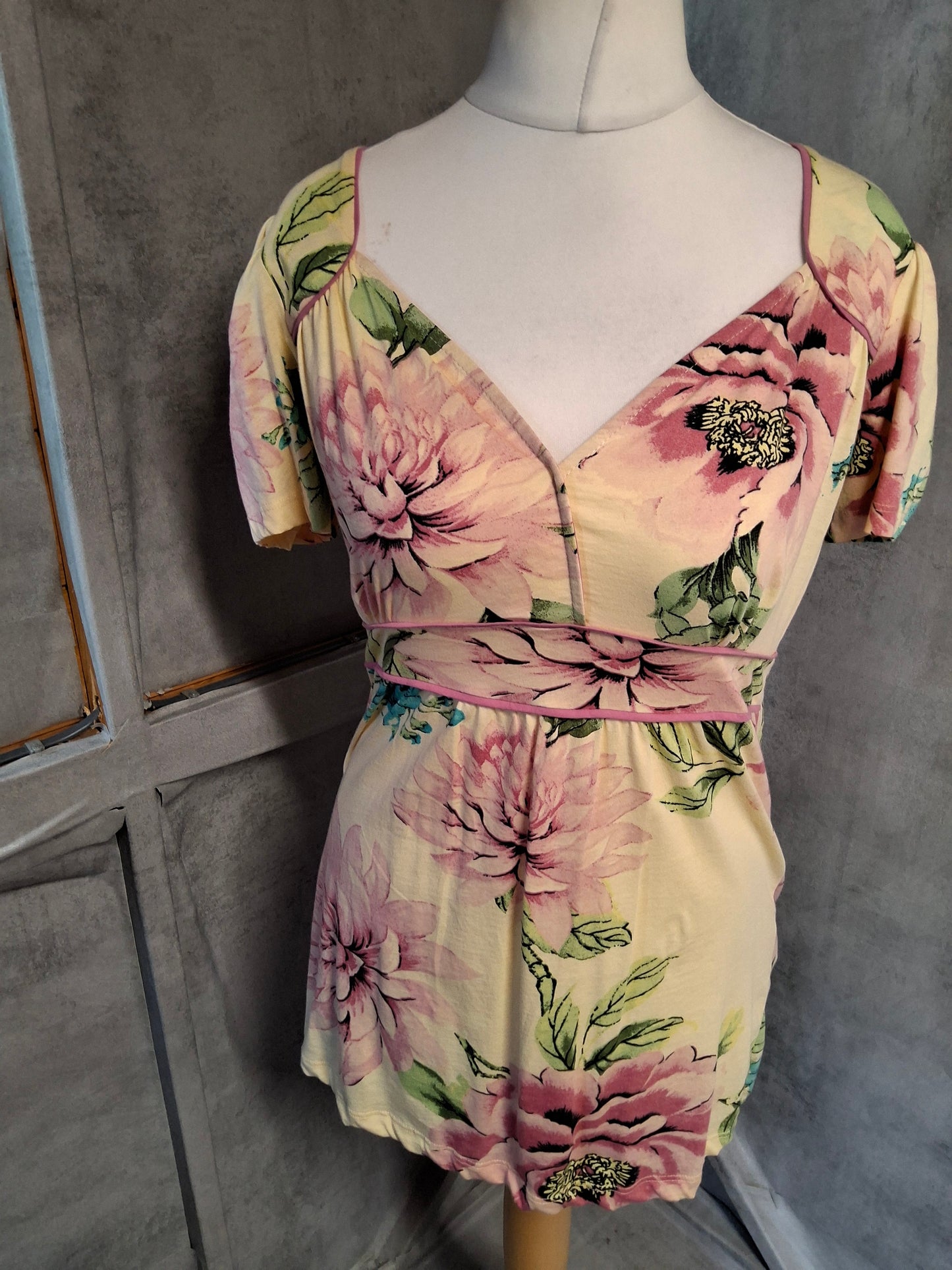 Per Una Yellow & Pink Floral Cotton T-Shirt – Size 10 – V-Neck Everyday Style