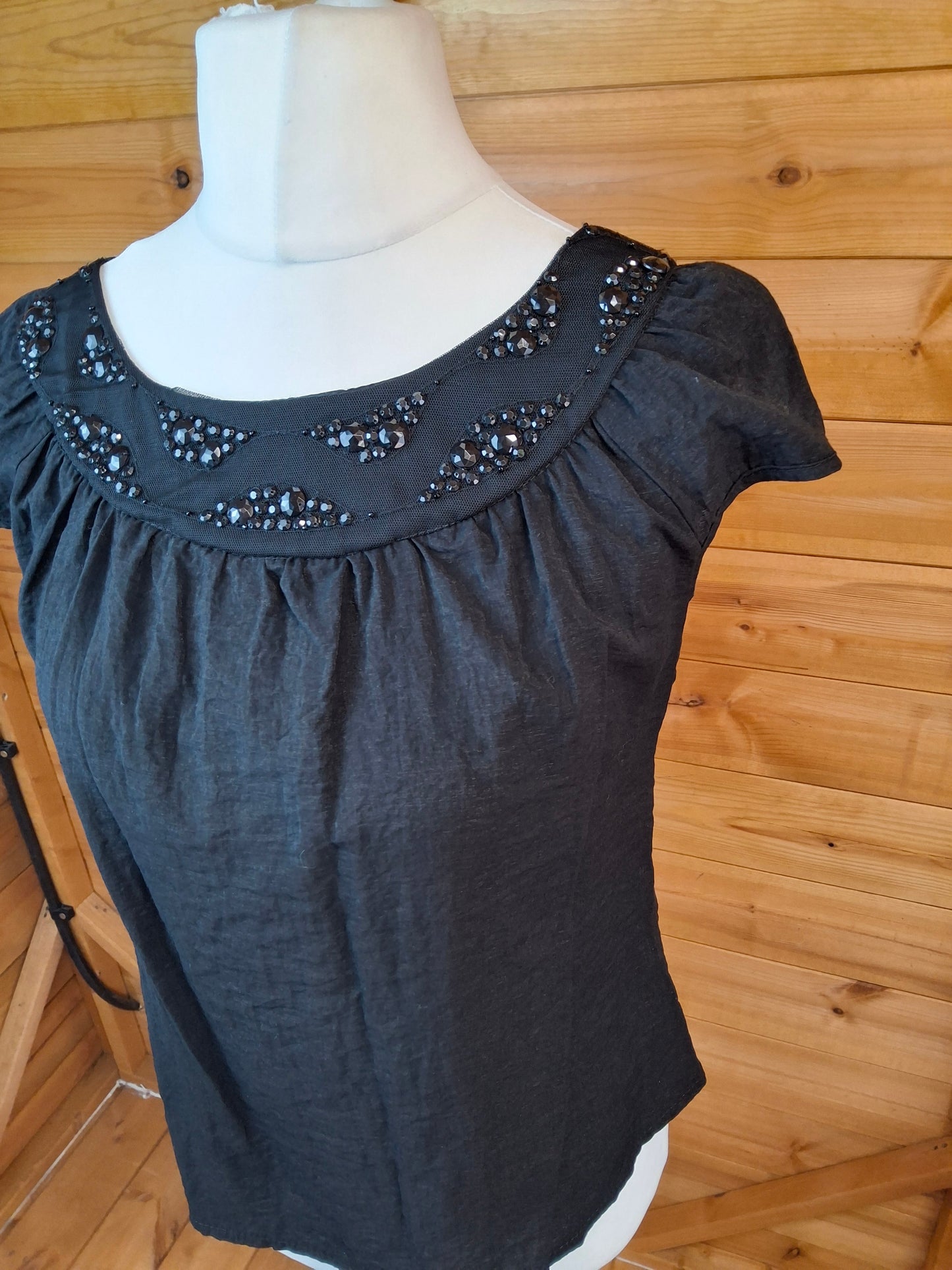 Y2K River Island Black Beaded Top – Button Back