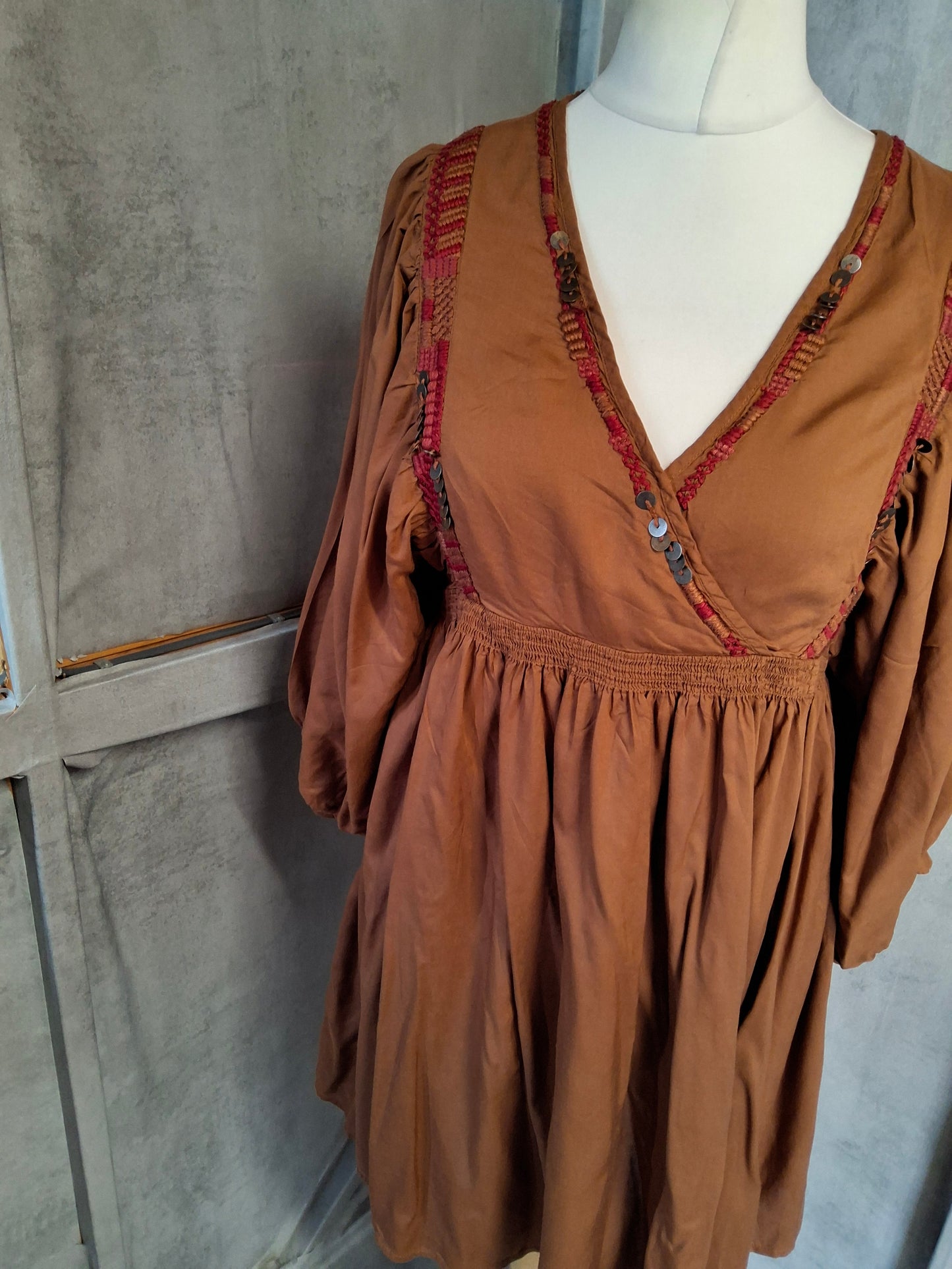 Monsoon Light Brown Embroidered Dress – Size 12 – 100% Viscose