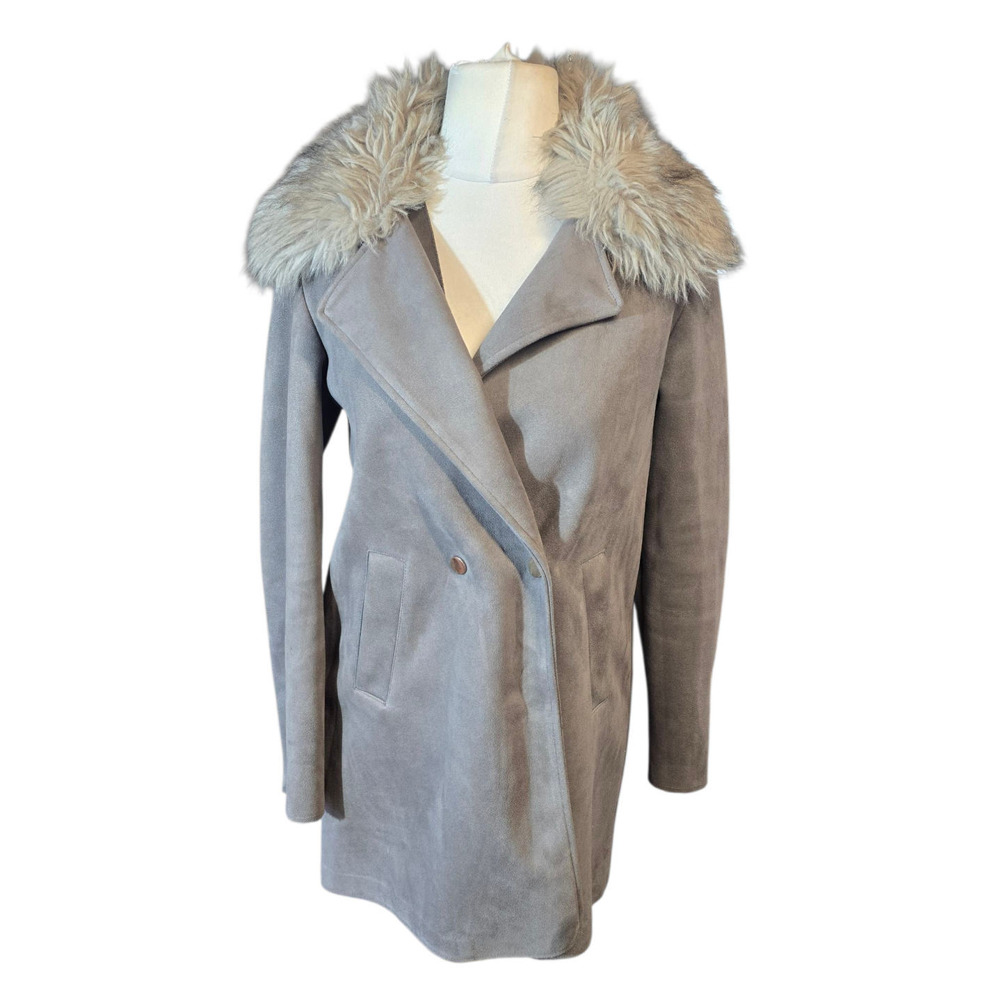 River Island Grey Suedette Coat – Size 10 – Faux Fur Collar Wrap Style Oversized